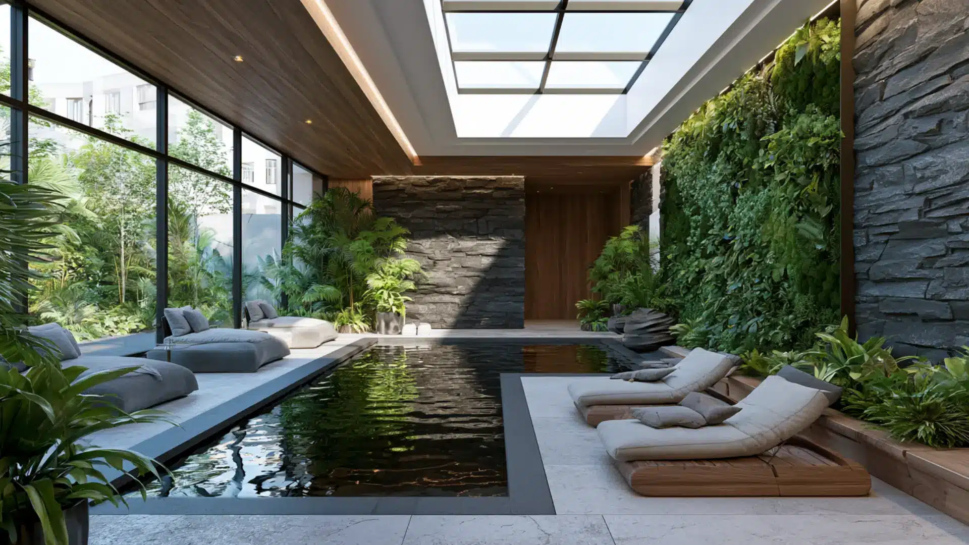 biophilic indoor pool with living green wall stone accents skylight ceiling and wood lounge chairs