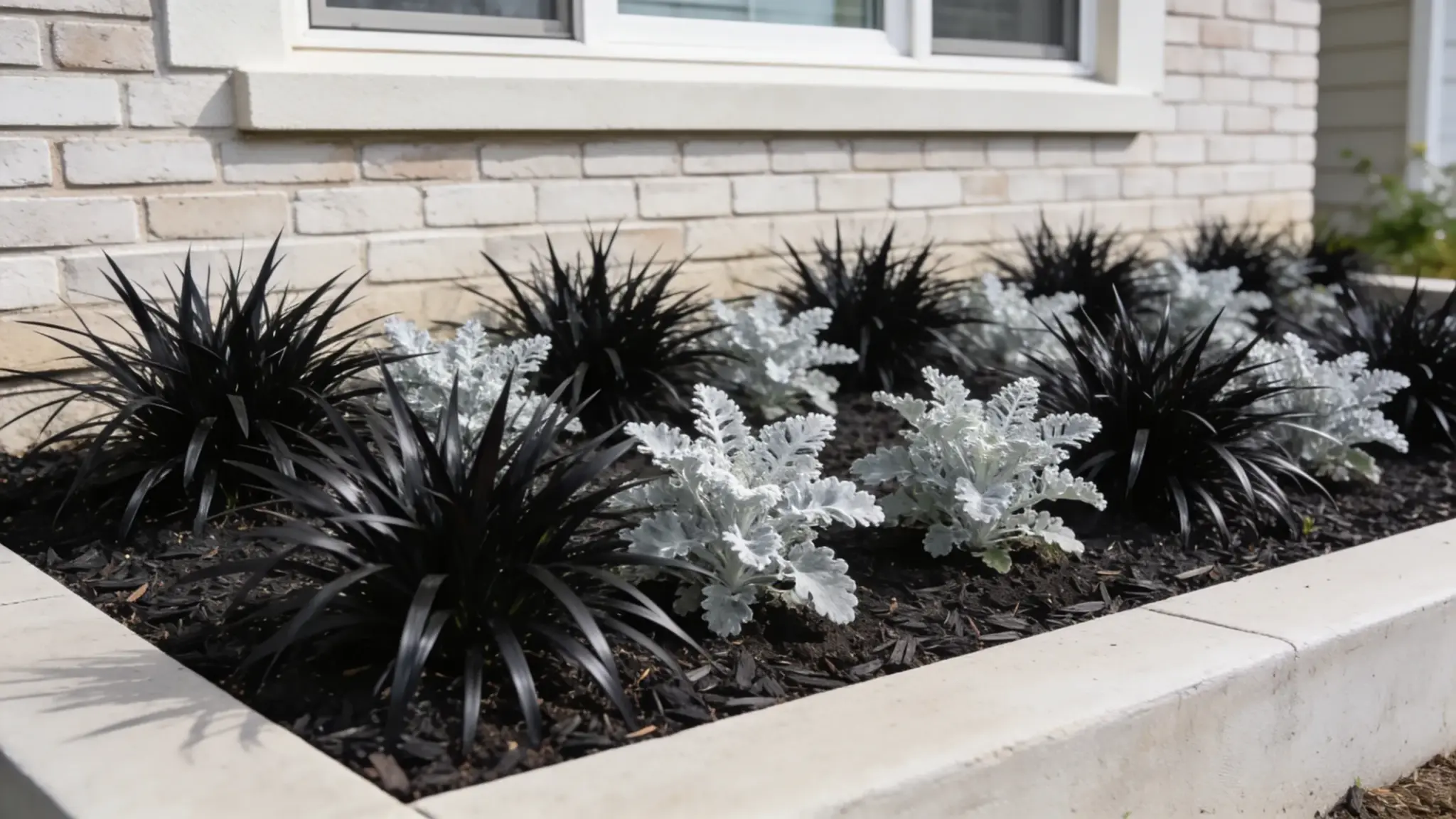  black and white foliage bed with black mondo grass and silver dusty miller