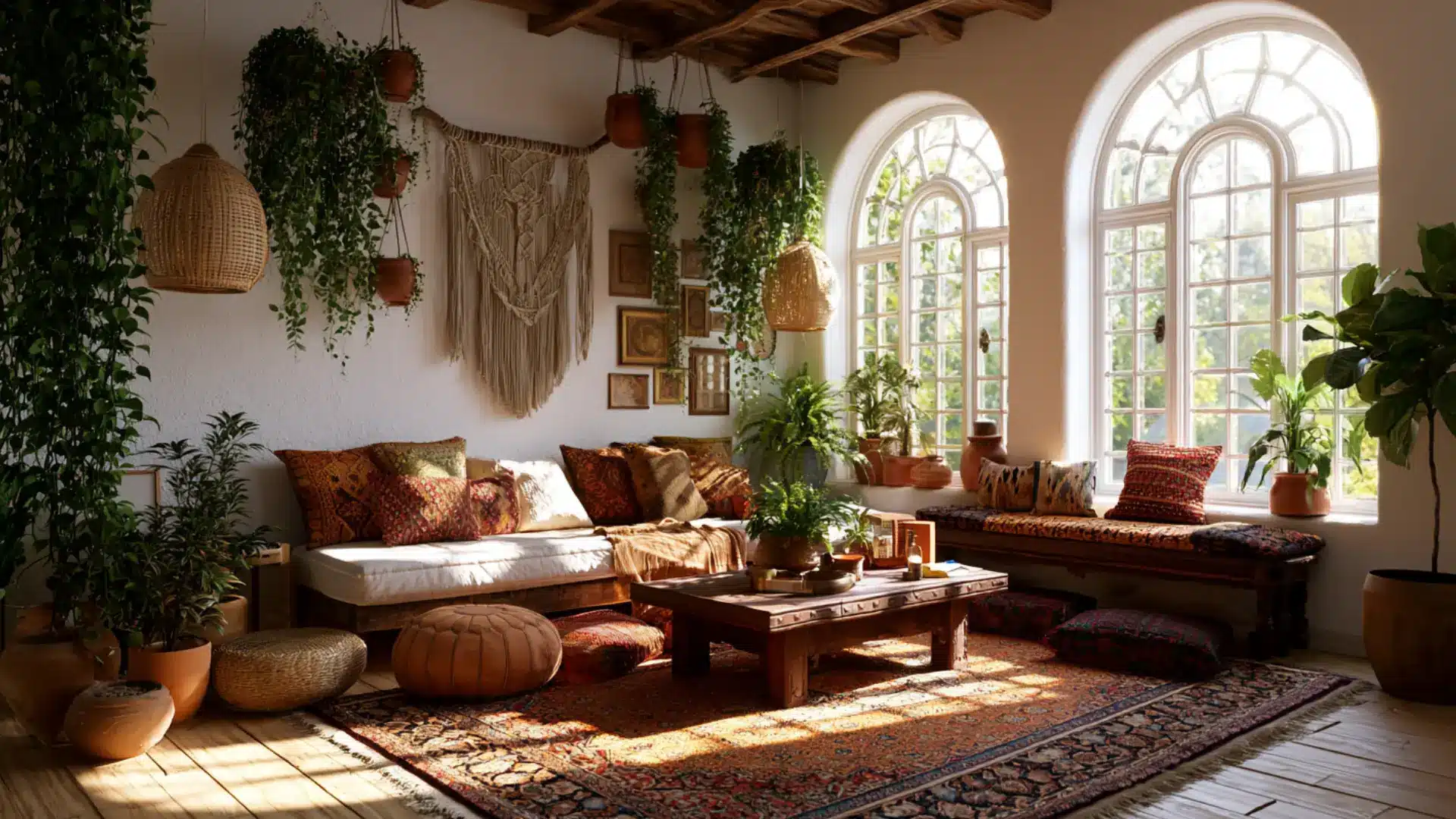 boho living room with macrame wall hanging layered persian rug hanging plants and patterned throw pillows