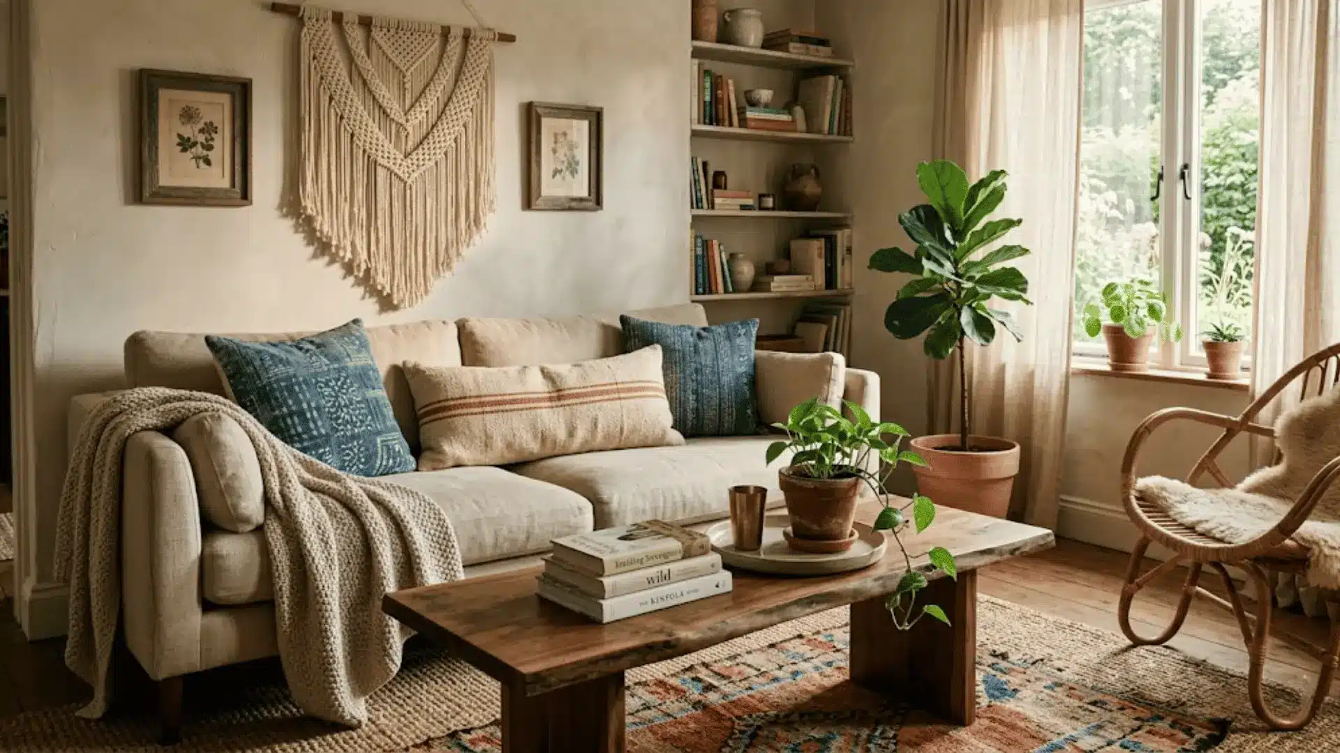 warmly lit boho living room with linen sofa, layered rugs, rattan chair, and macramé wall hanging in afternoon light