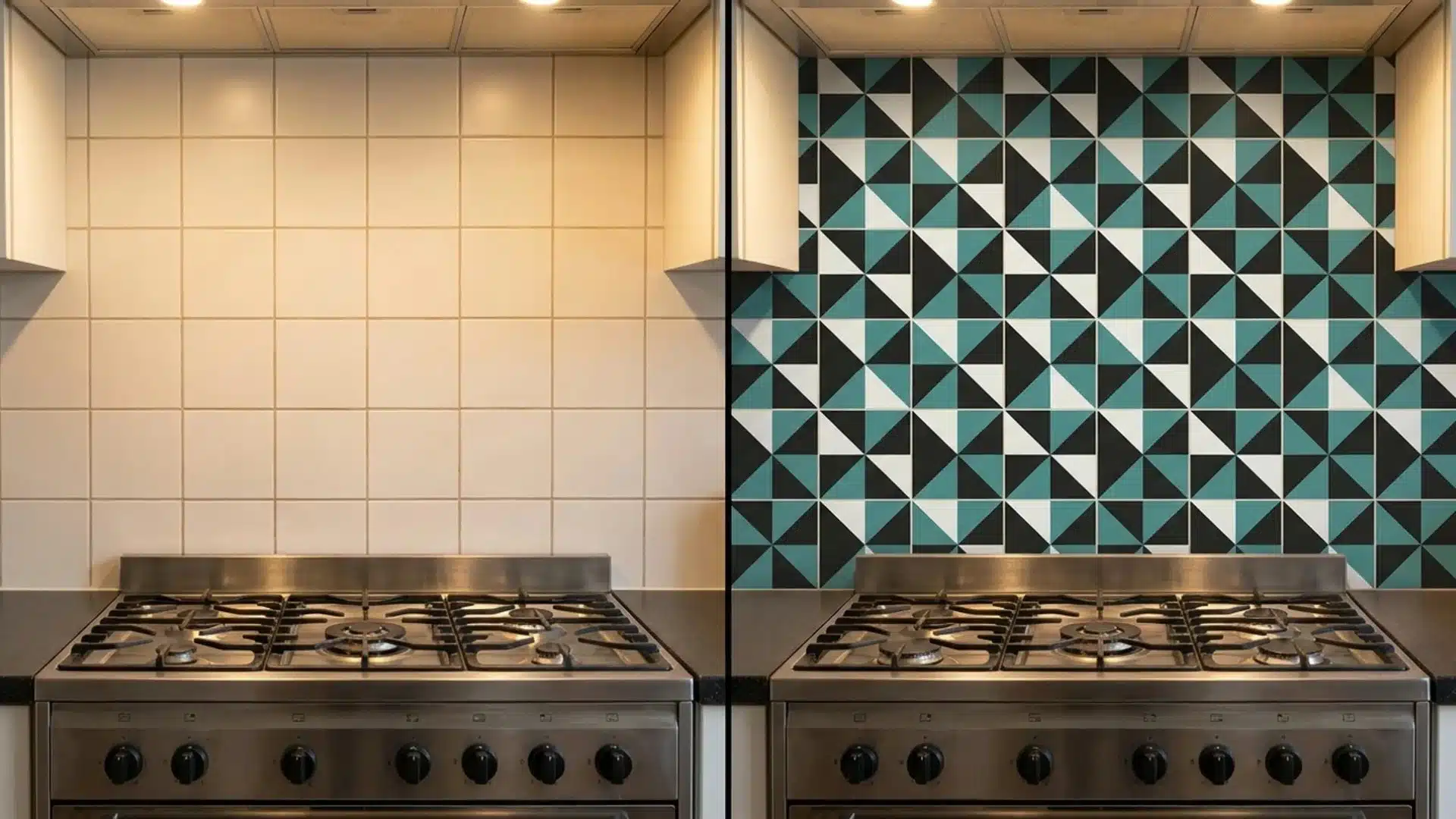 before and after kitchen backsplash showing plain cream tile replaced with a bold teal triangle pattern
