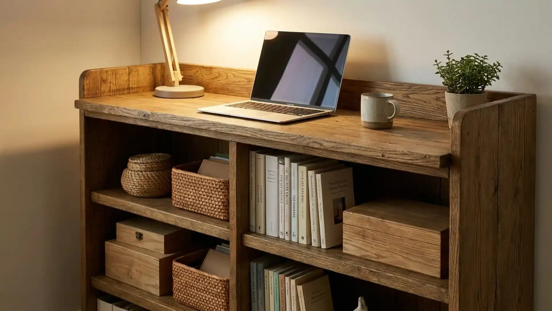 a wooden bookcase displaying a laptop among various books and decorative items in a cozy setting