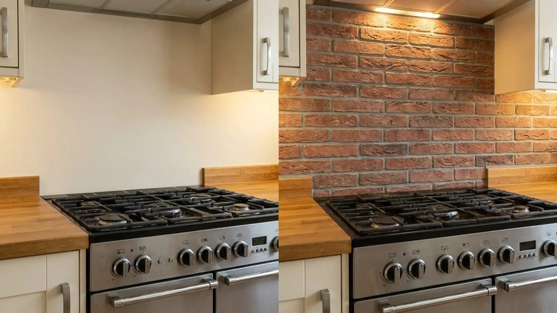 before and after kitchen wall behind a stove showing a plain wall covered with red brick veneer