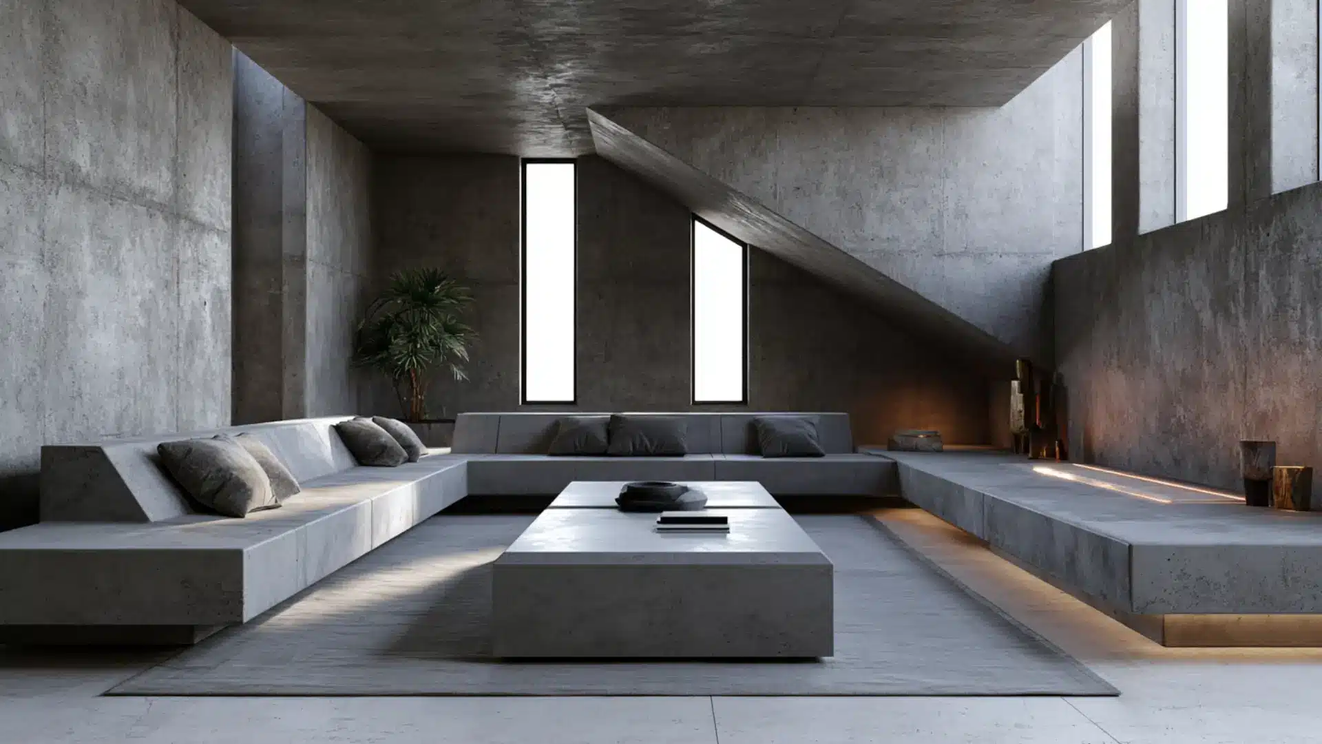 brutalist living room with raw concrete walls sunken seating angular ceiling and concrete slab coffee table