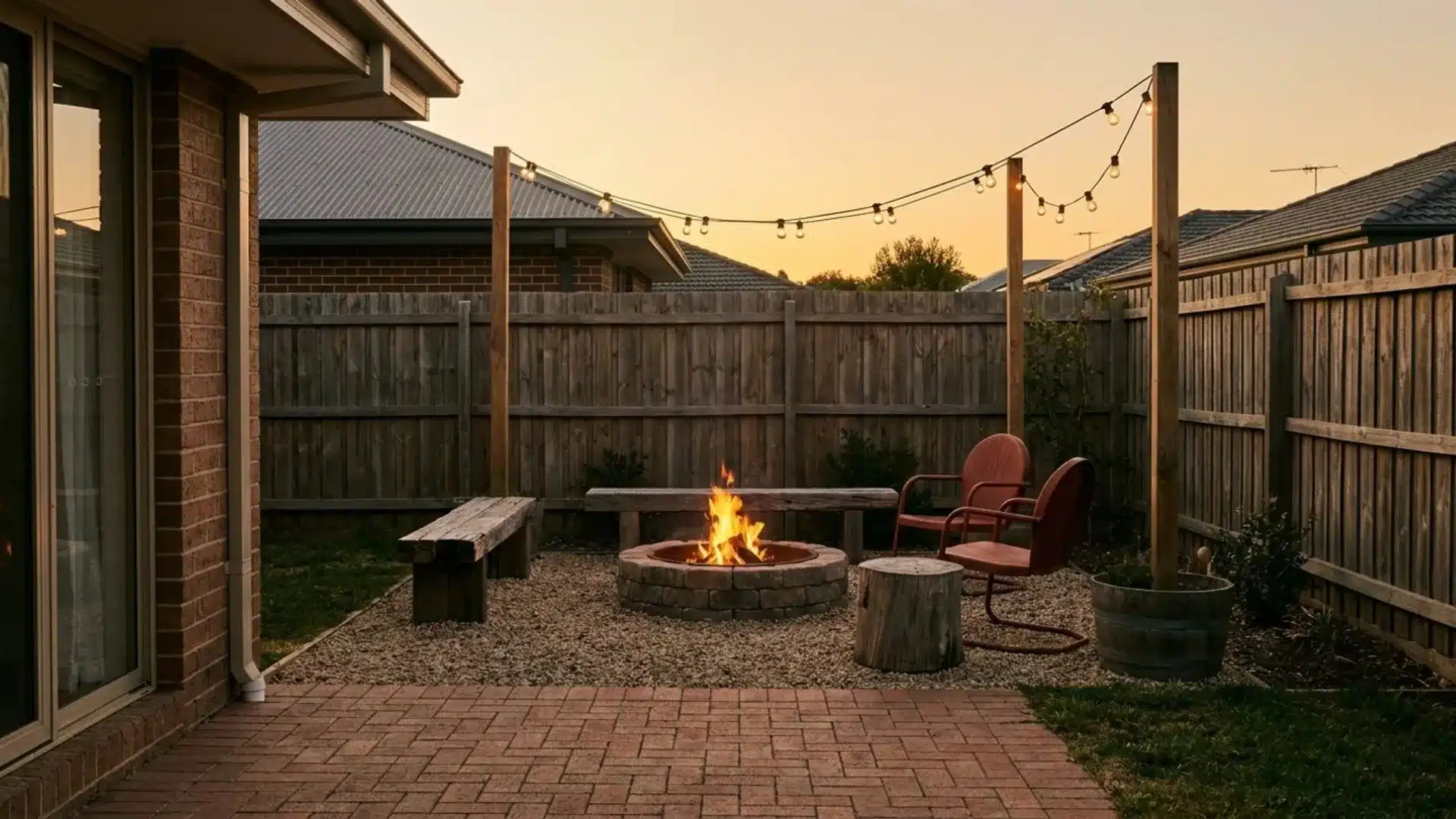 backyard scene featuring a cozy fire pit surrounded by a wooden bench for seating and relaxation.