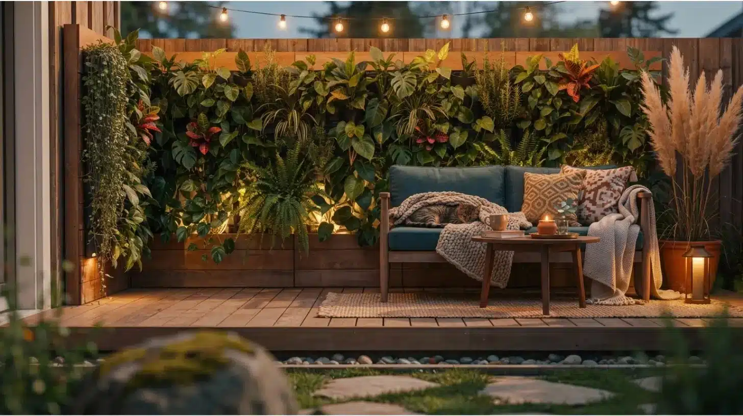 very small backyard with curved stone path, flowers, and garden lighting