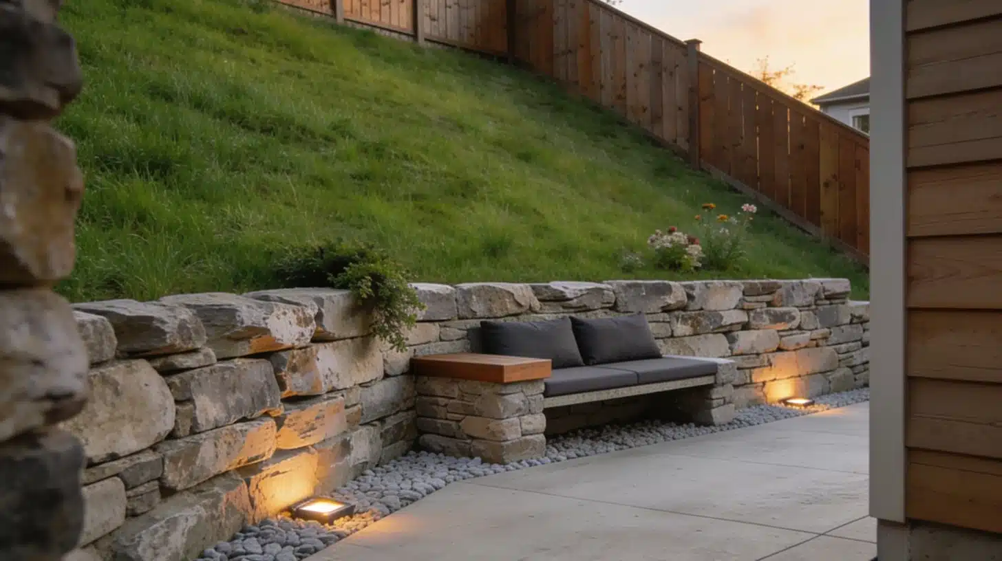 small sloped backyard with a stacked stone retaining wall builtin bench and gravel seating area