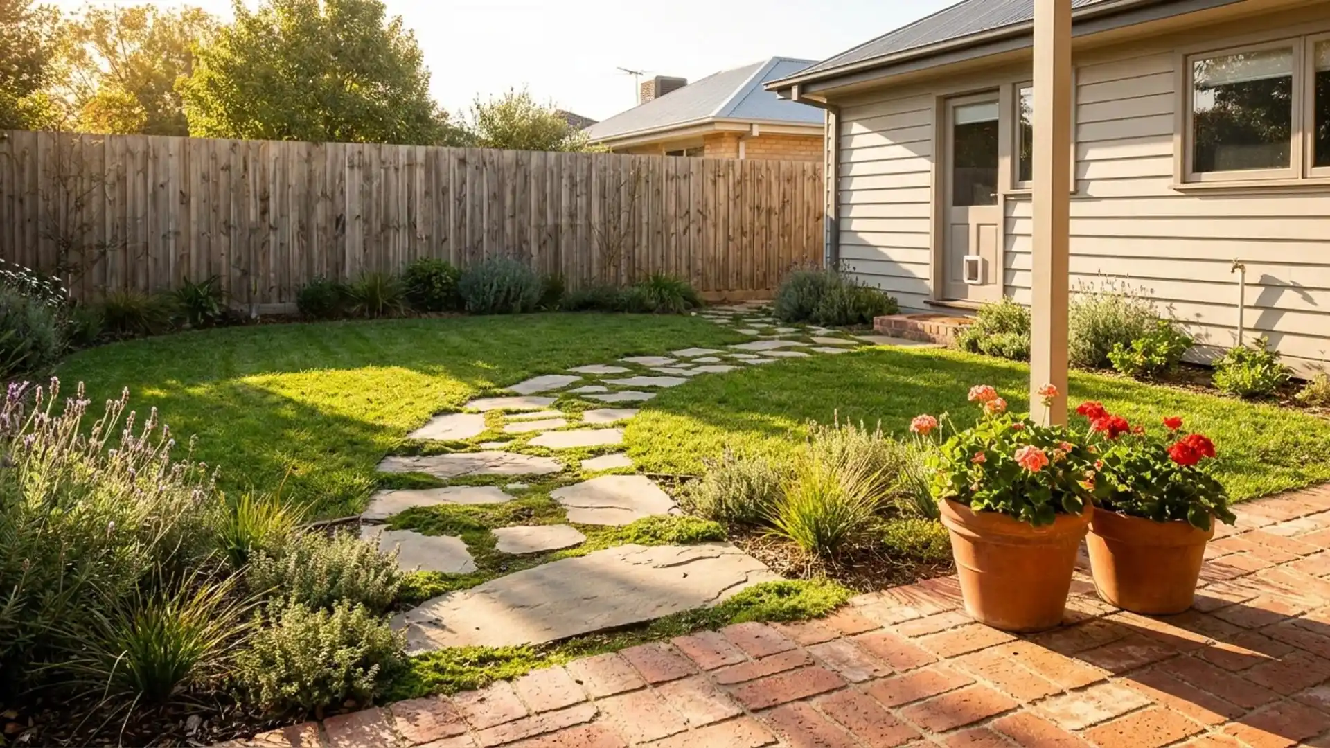 a serene backyard featuring a stone path lined with colorful flower pots on either side, inviting and tranquil.