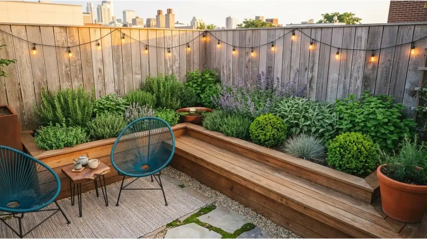 very small backyard with raised garden bed, herbs, and seating edge