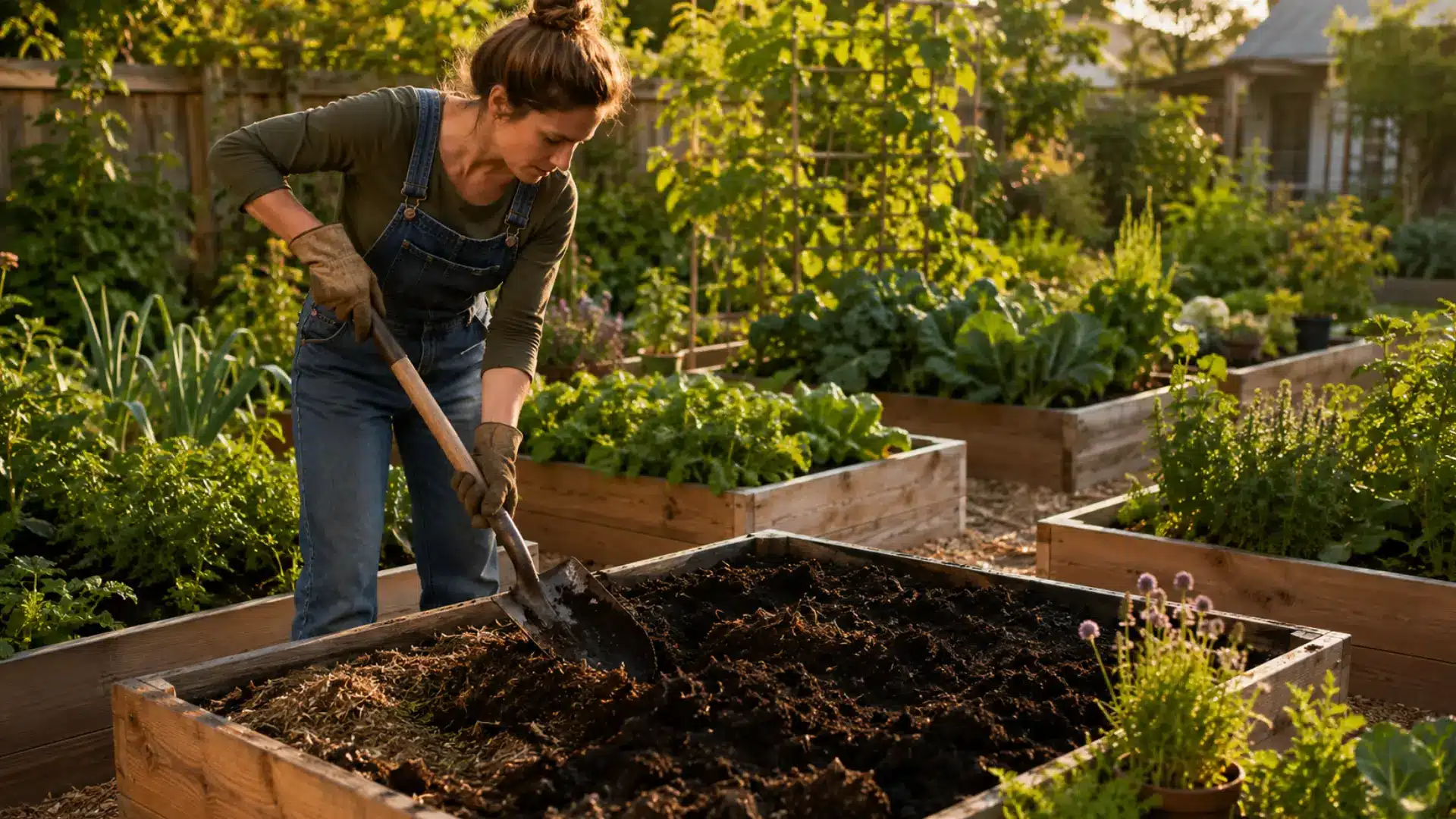 gardener in overalls filling a wooden raised bed with rich dark soil mix surrounded by lush vegetable beds