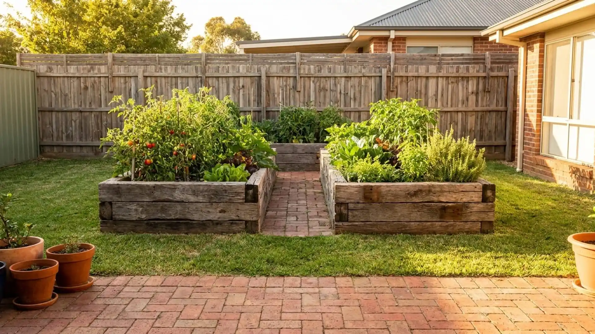 a backyard garden featuring multiple raised garden beds filled with various plants and flowers in vibrant colors.