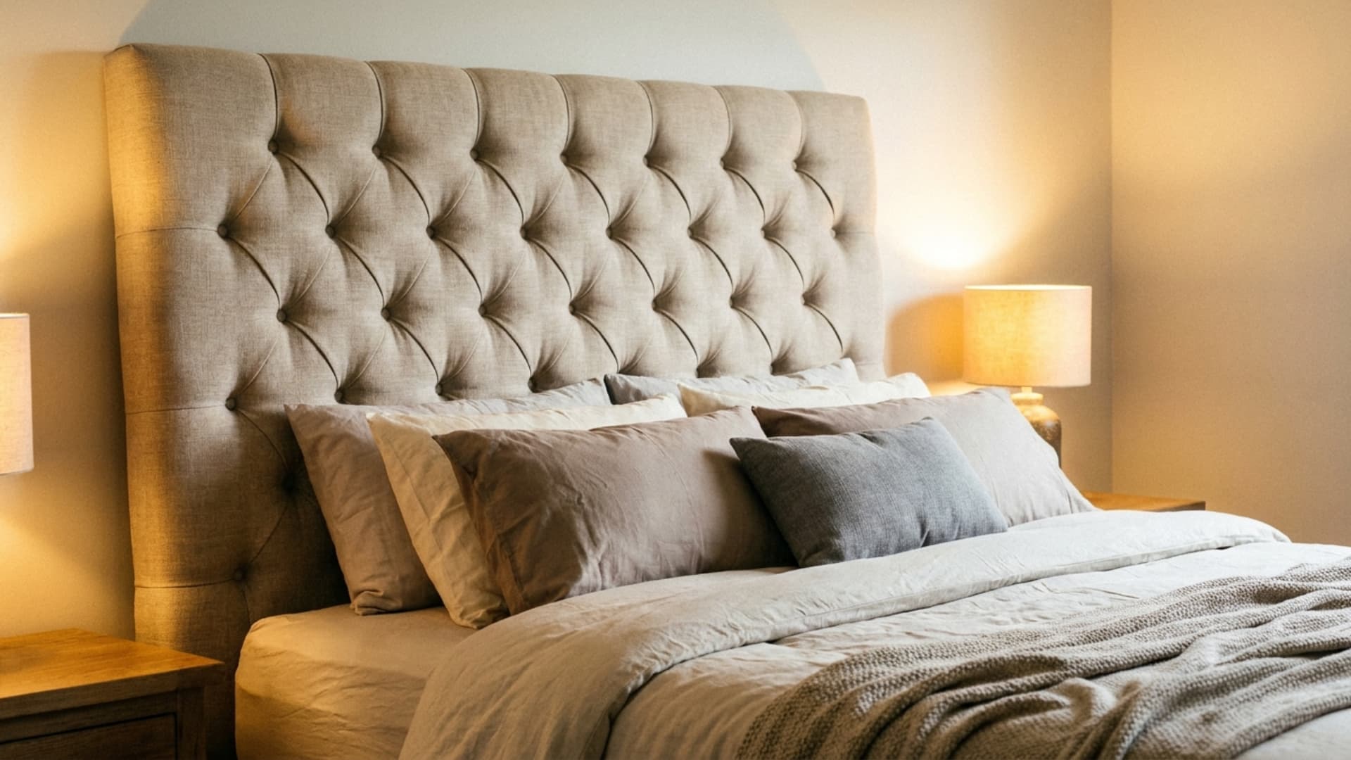 button tufted diamond headboard behind a bed with layered pillows