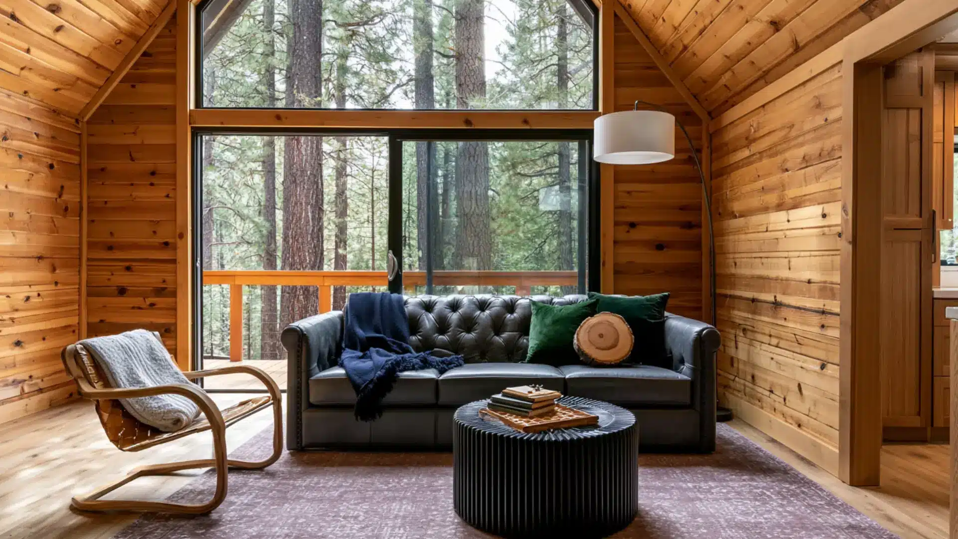 cabin style living room with tufted leather sofa knotty pine walls vaulted ceiling and large forest window