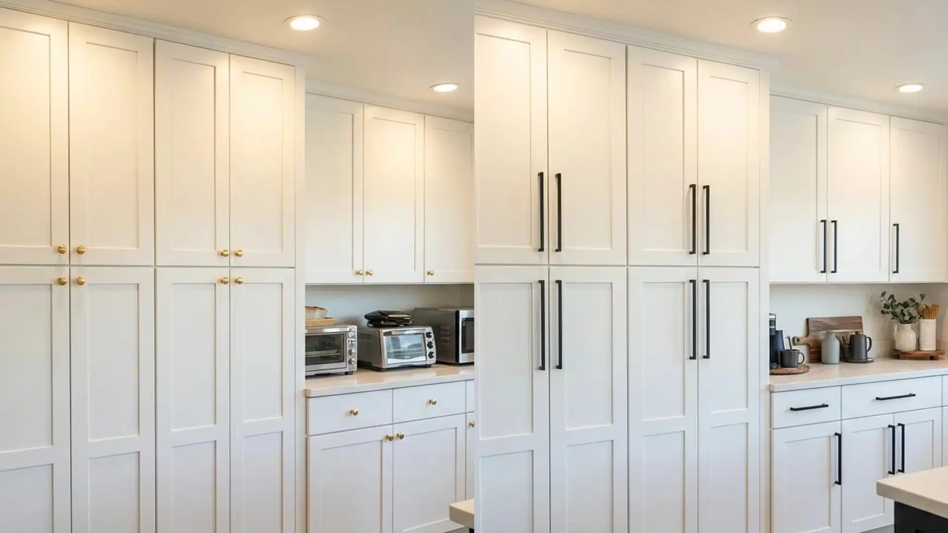 before and after kitchen showing floor to ceiling cabinets with brass knobs swapped for black bar pulls