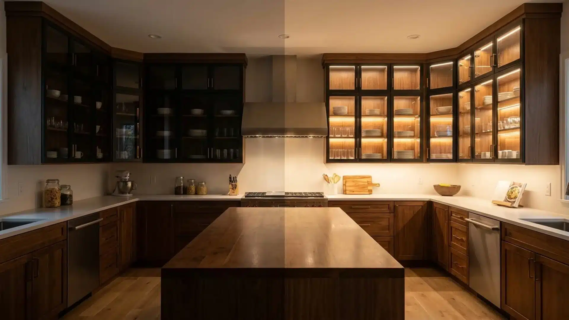 before and after kitchen cabinets showing dark glass doors lit up with warm interior led lighting