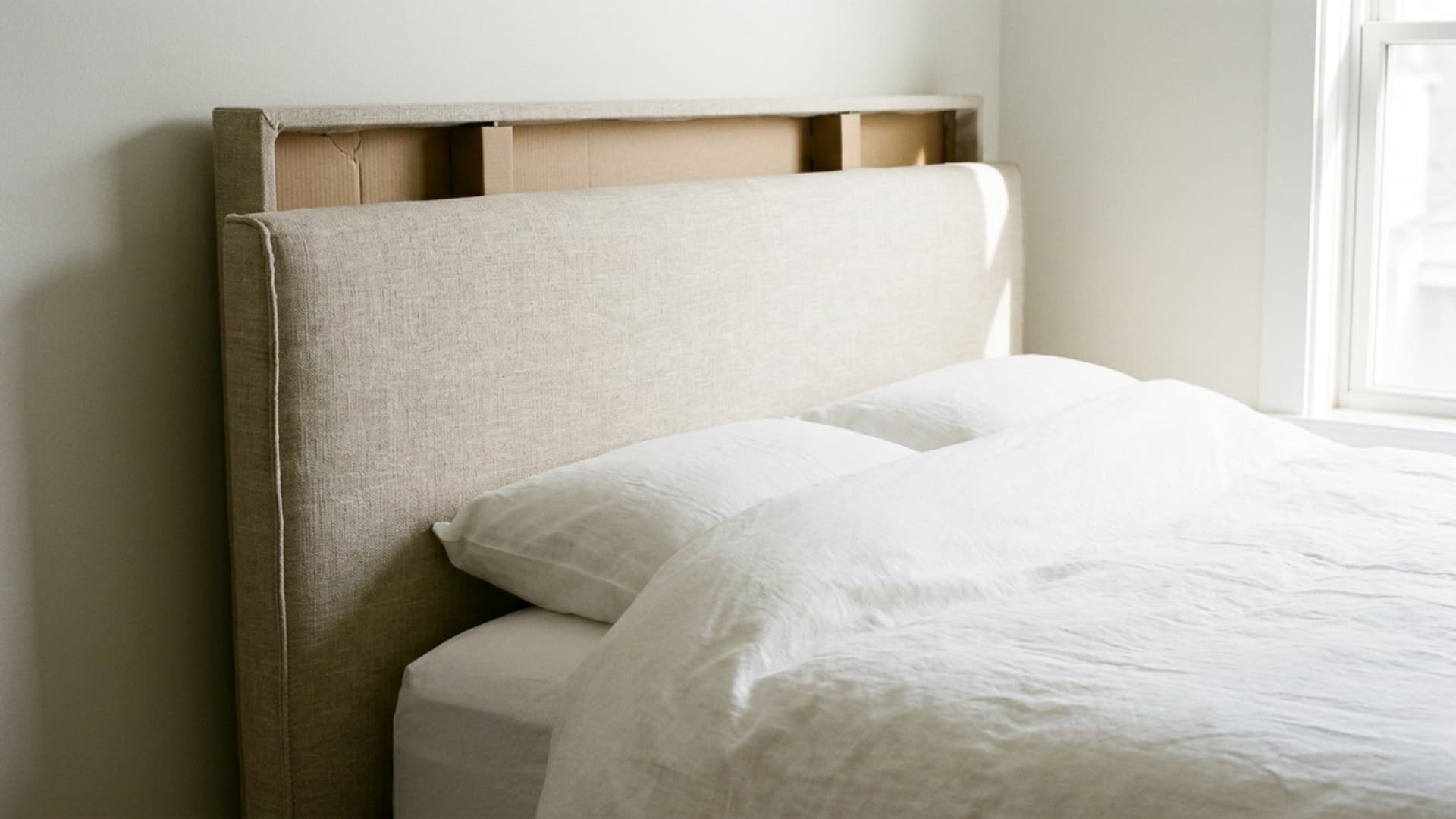 cardboard backed fabric headboard wrapped in linen behind a bed