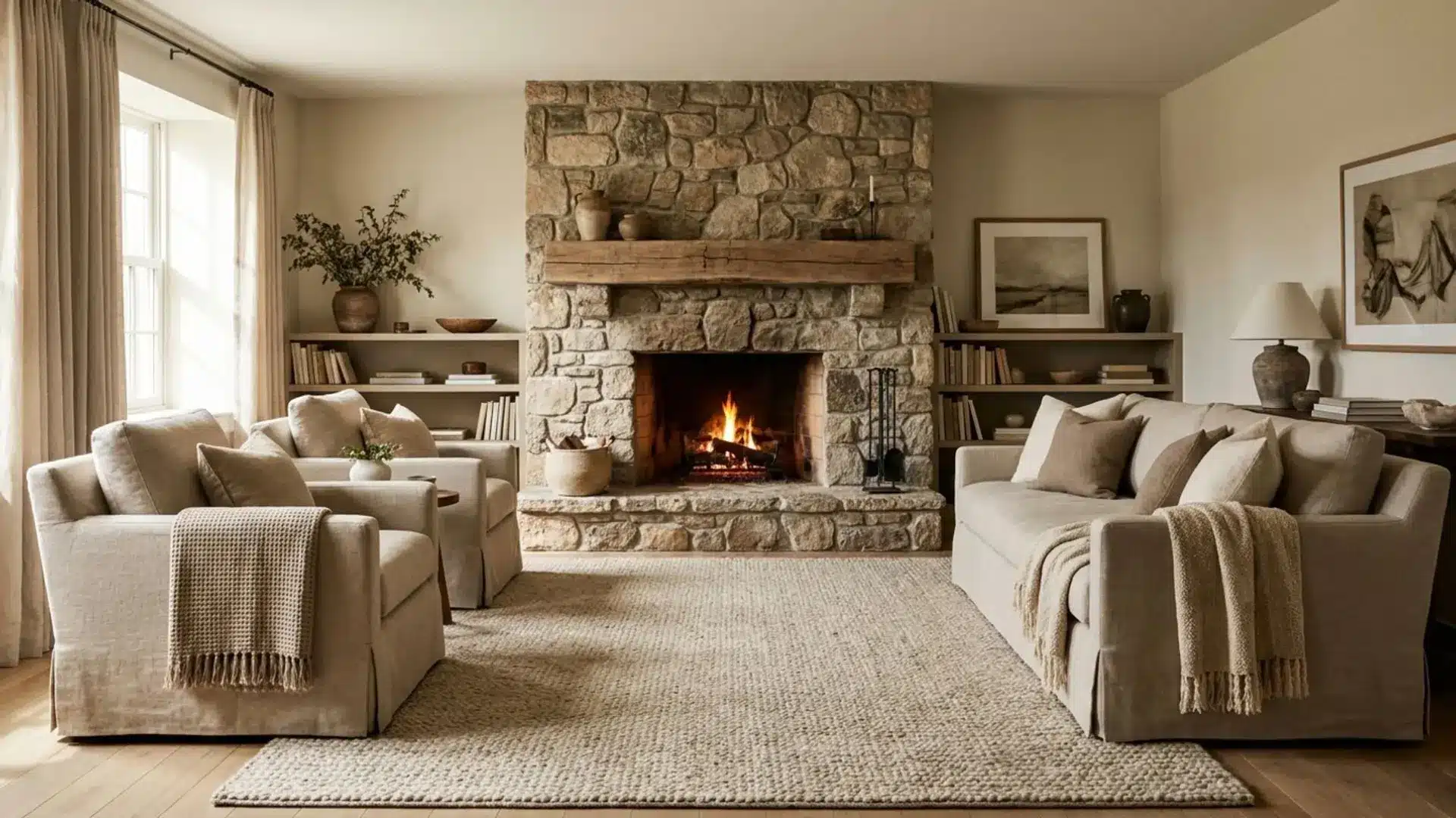 living room seating arranged around stone fireplace with matching sofas, armchairs, shelving, and soft neutral decor