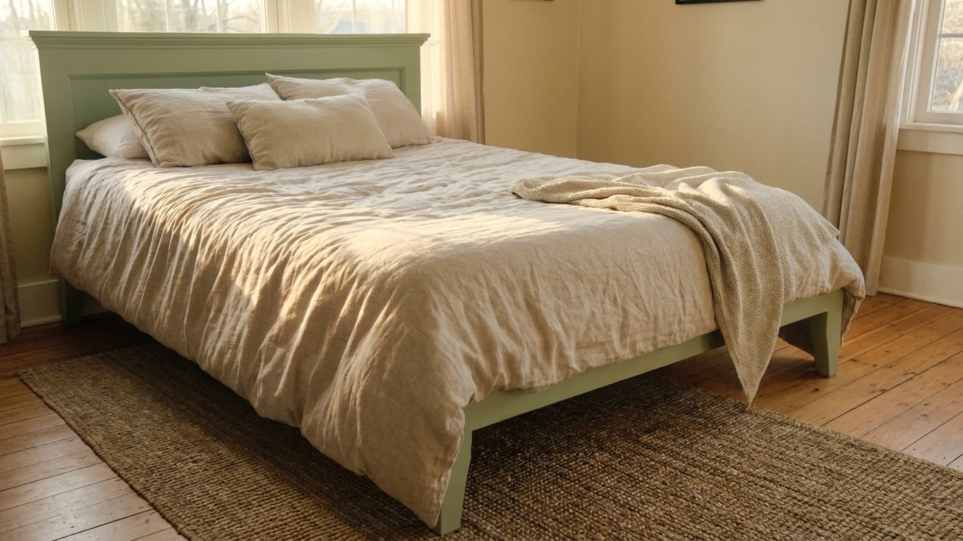 chalk paint distressed headboard in sage green behind a bed