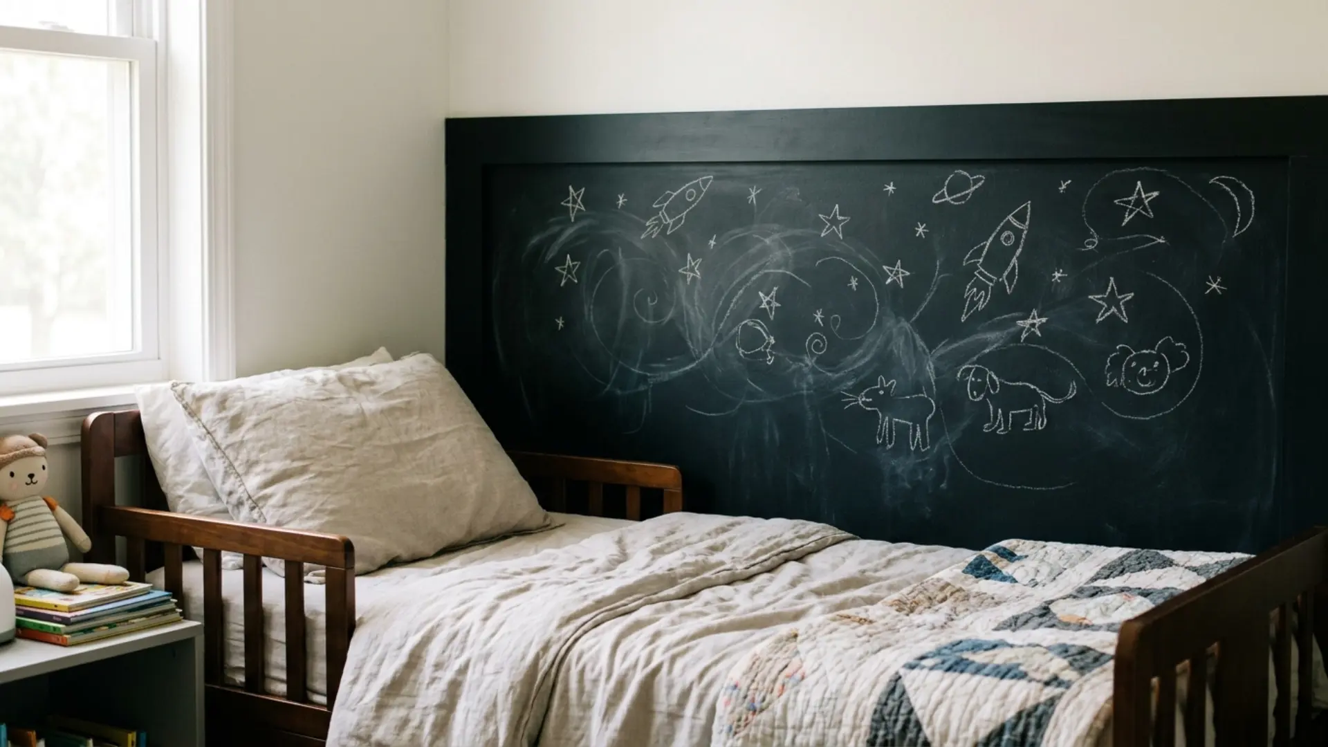 chalkboard panel headboard behind pillows in a kids bedroom