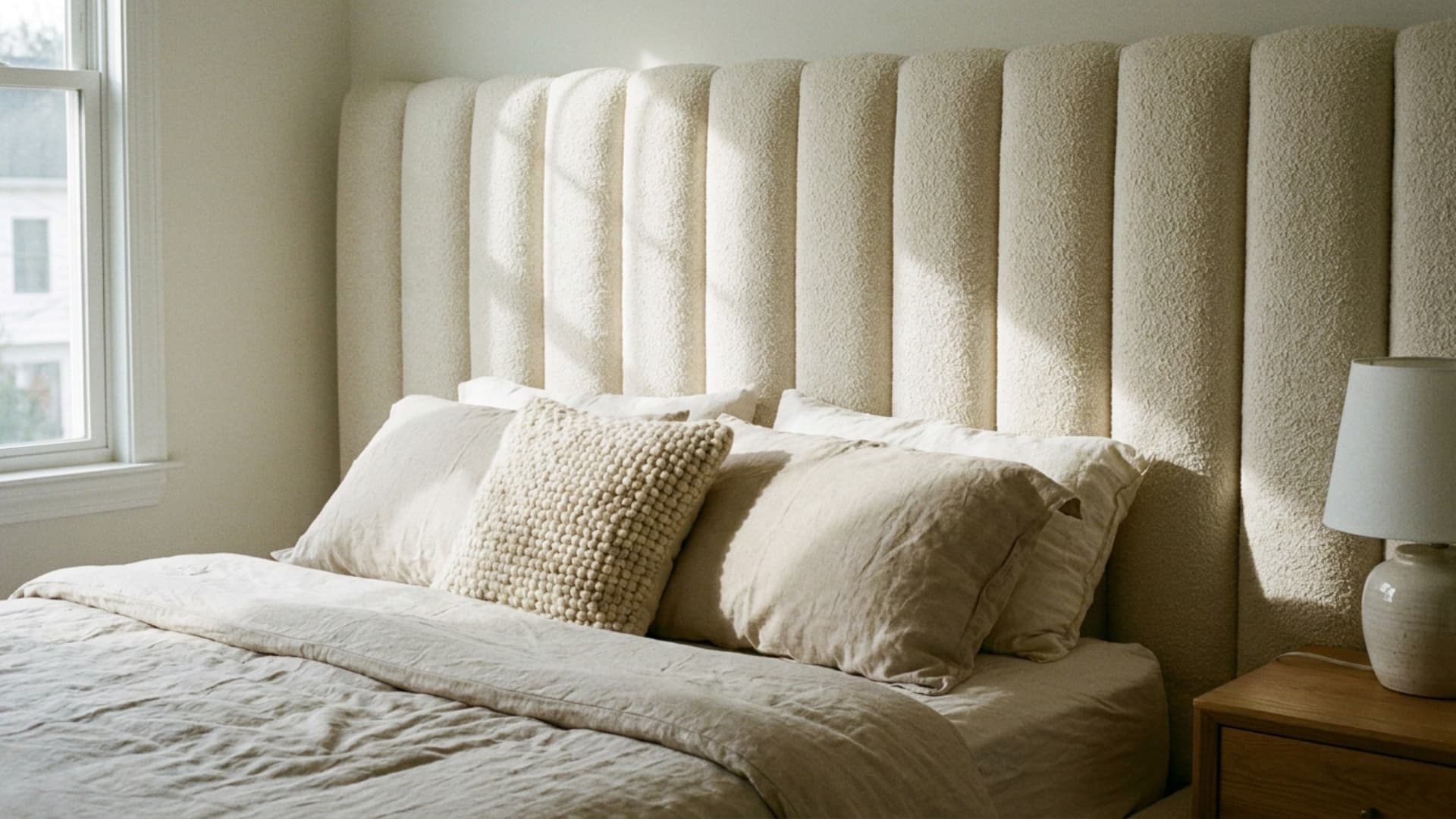 channel stitched headboard with vertical padded lines behind a bed