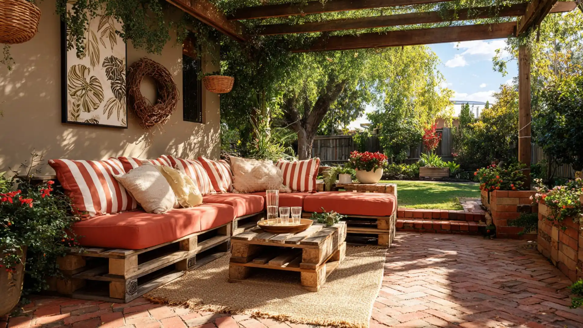 a cozy patio featuring a red couch surrounded by wooden tables and greenery in the background for a relaxing atmosphere