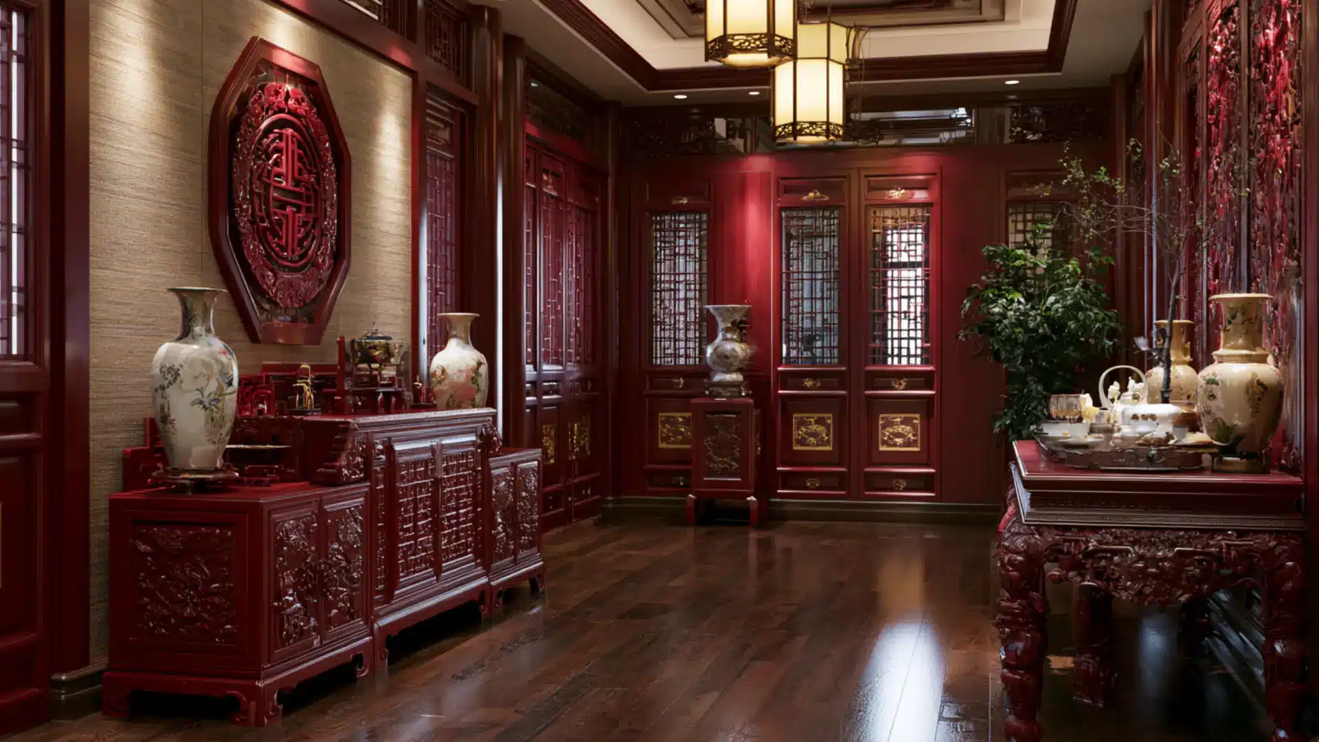 traditional chinese interior with carved red lacquer furniture porcelain vases lattice panels and silk lanterns