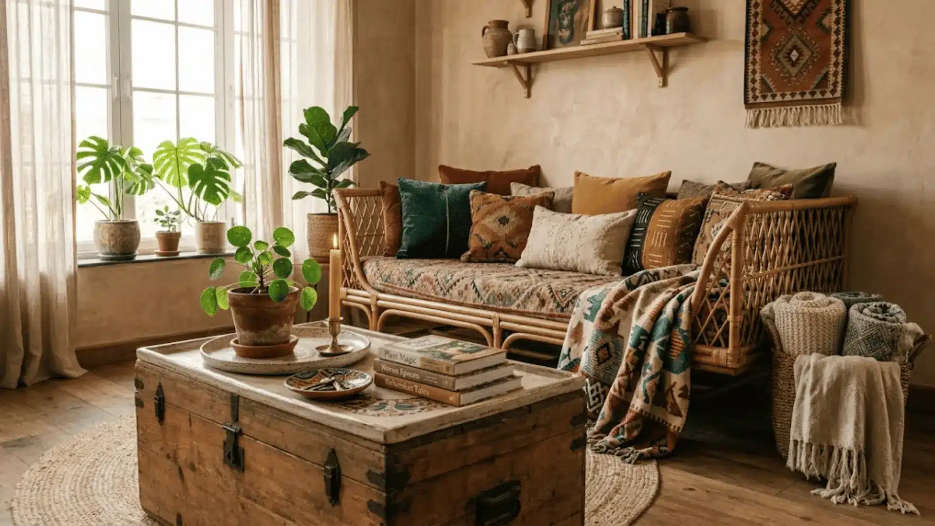 vintage trunk as coffee table beside a rattan daybed with layered cushions in a small boho living room