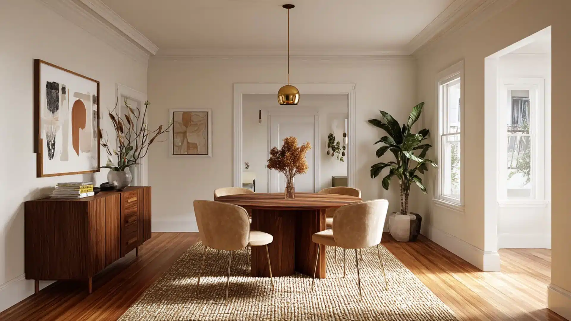 round dining table on textured rug with upholstered chairs, open walkways, and furniture spacing throughout room