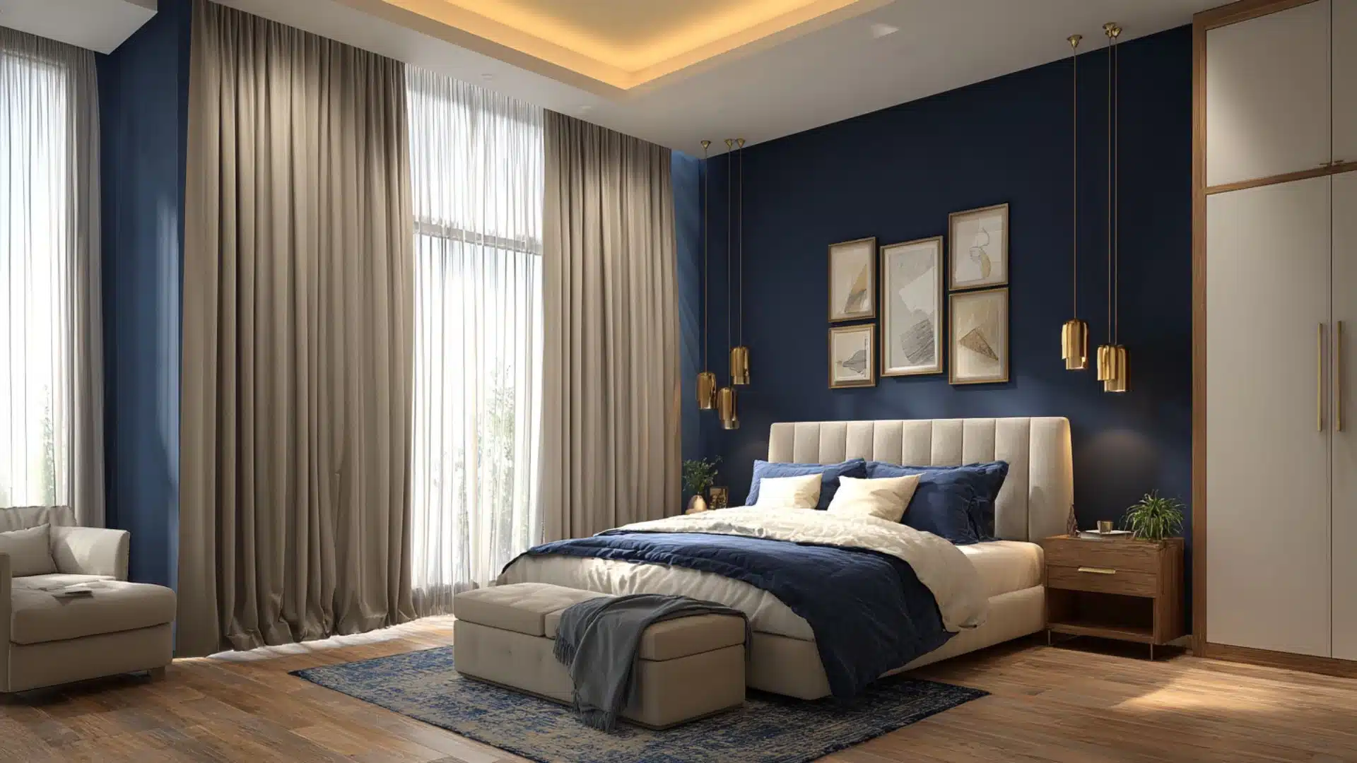bedroom with tall curtains, upholstered bed, pendant lighting, and furniture scaled to suit high ceilings