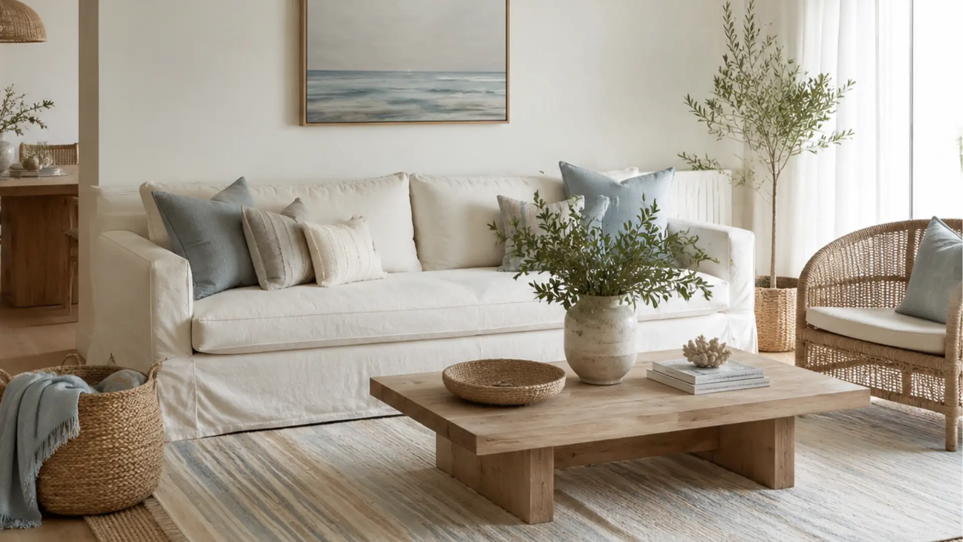 coastal living room with white linen sofa blue throw pillows rattan chair wood coffee table and woven baskets