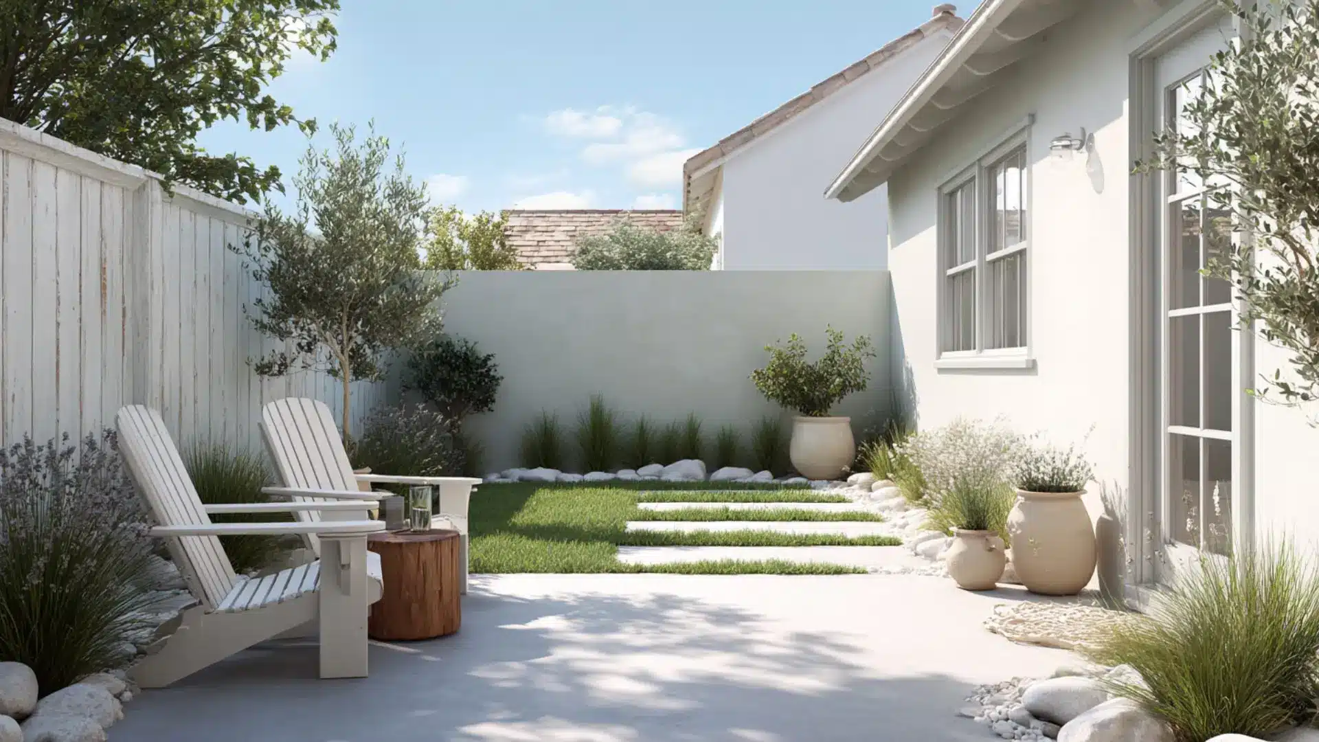 a small backyard featuring a green lawn and a cozy patio area for outdoor relaxation and gatherings