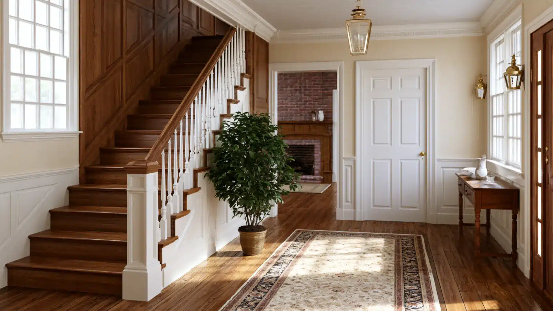 colonial foyer with dark wood staircase white spindle railing wainscoting hardwood floors and persian runner