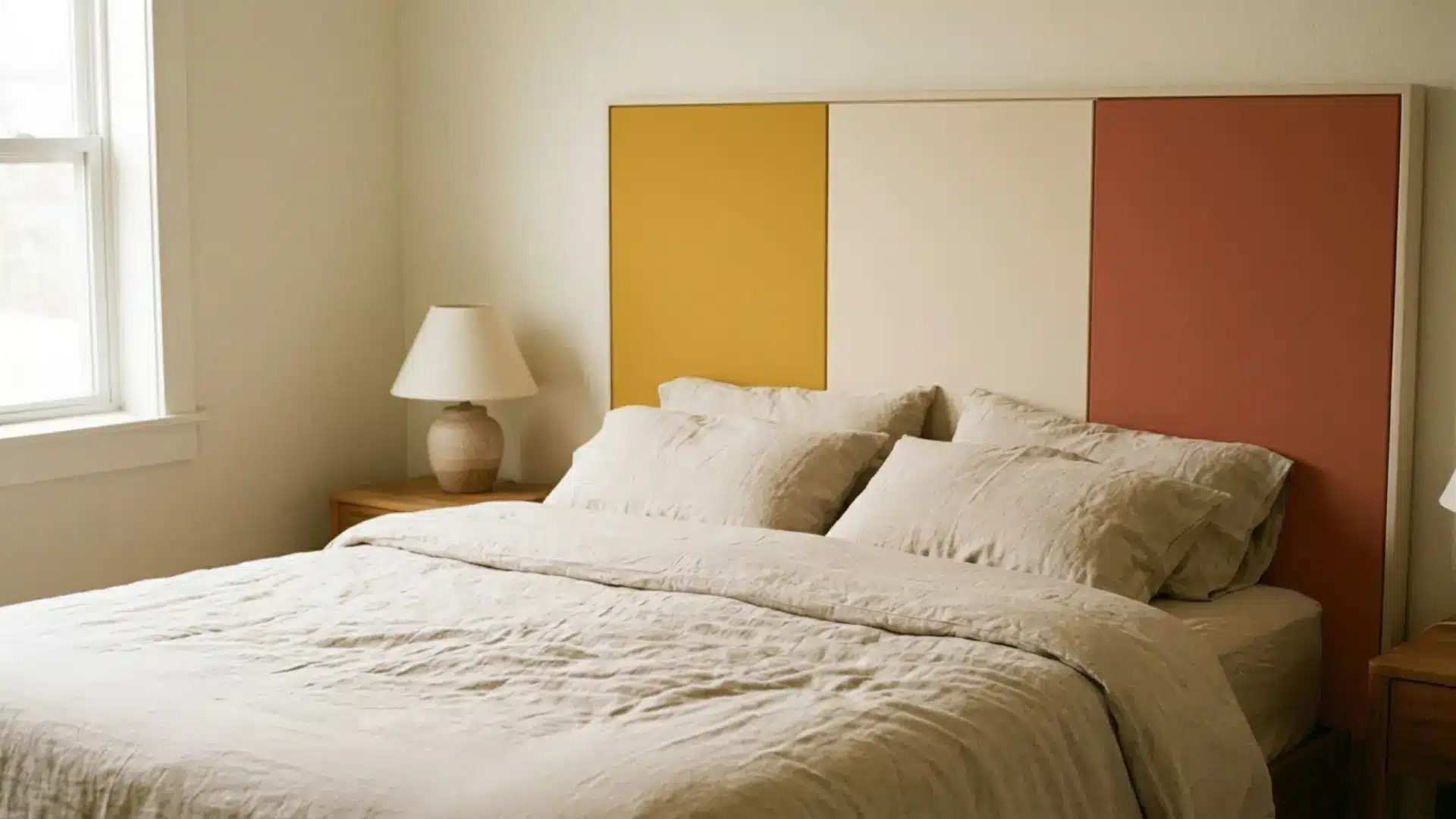 color block headboard in mustard and clay tones behind a bed