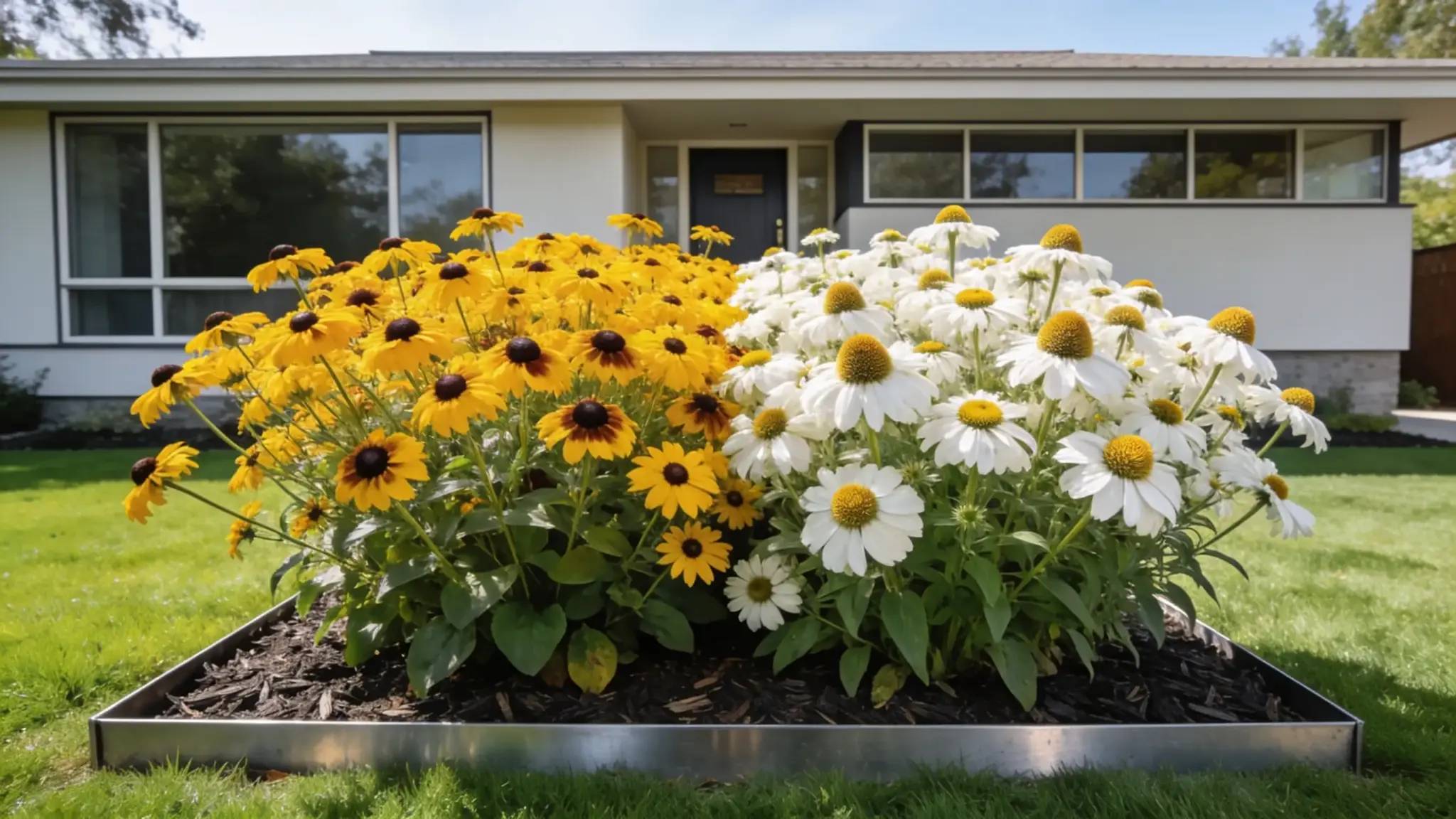 naturally planted colour blocked bed with golden rudbeckia and white coneflower before a modern home
