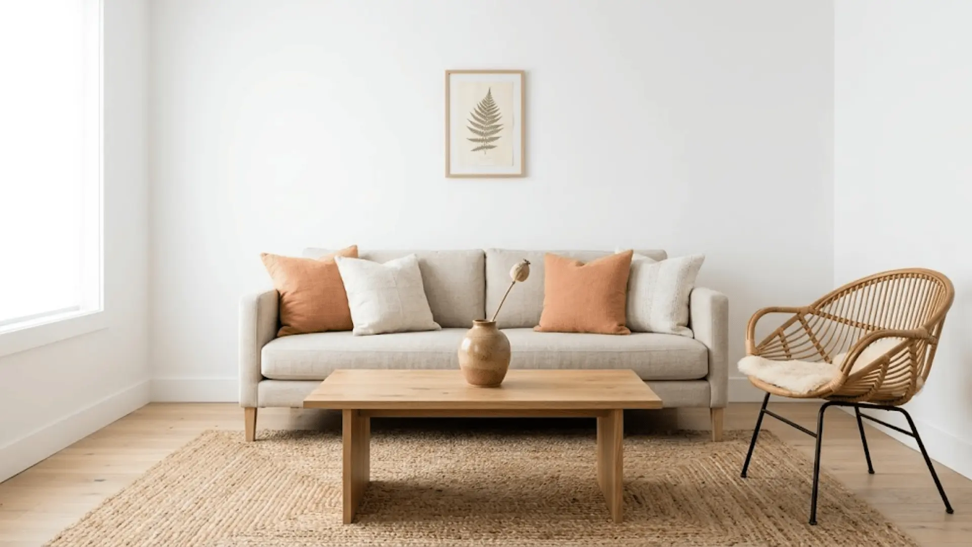 scandi-boho living room with linen sofa, rattan chair, jute rug, and white walls in natural light