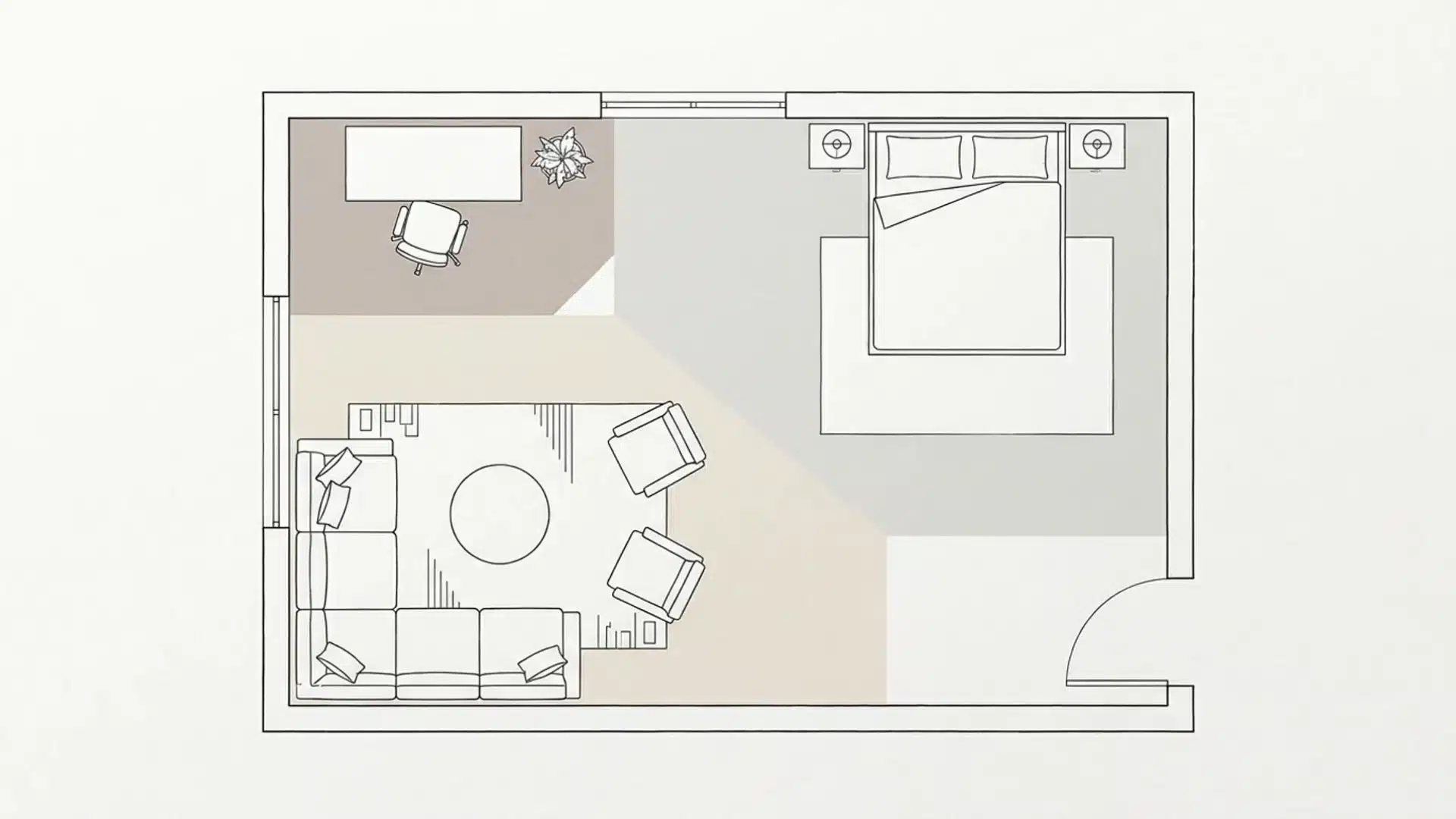 room layout ideas with a living zone, bedroom section, and workspace corner divided by neutral tones in a floor plan