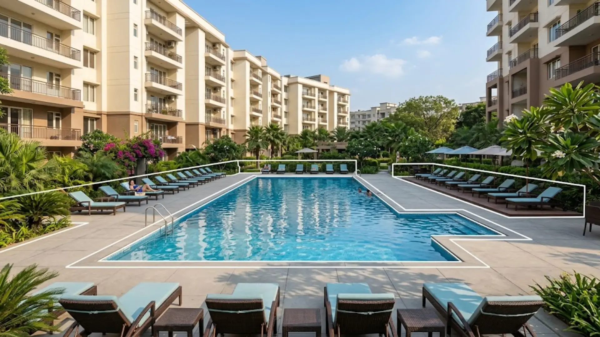 community pool outlined in white with deck and landscaping in apartment complex