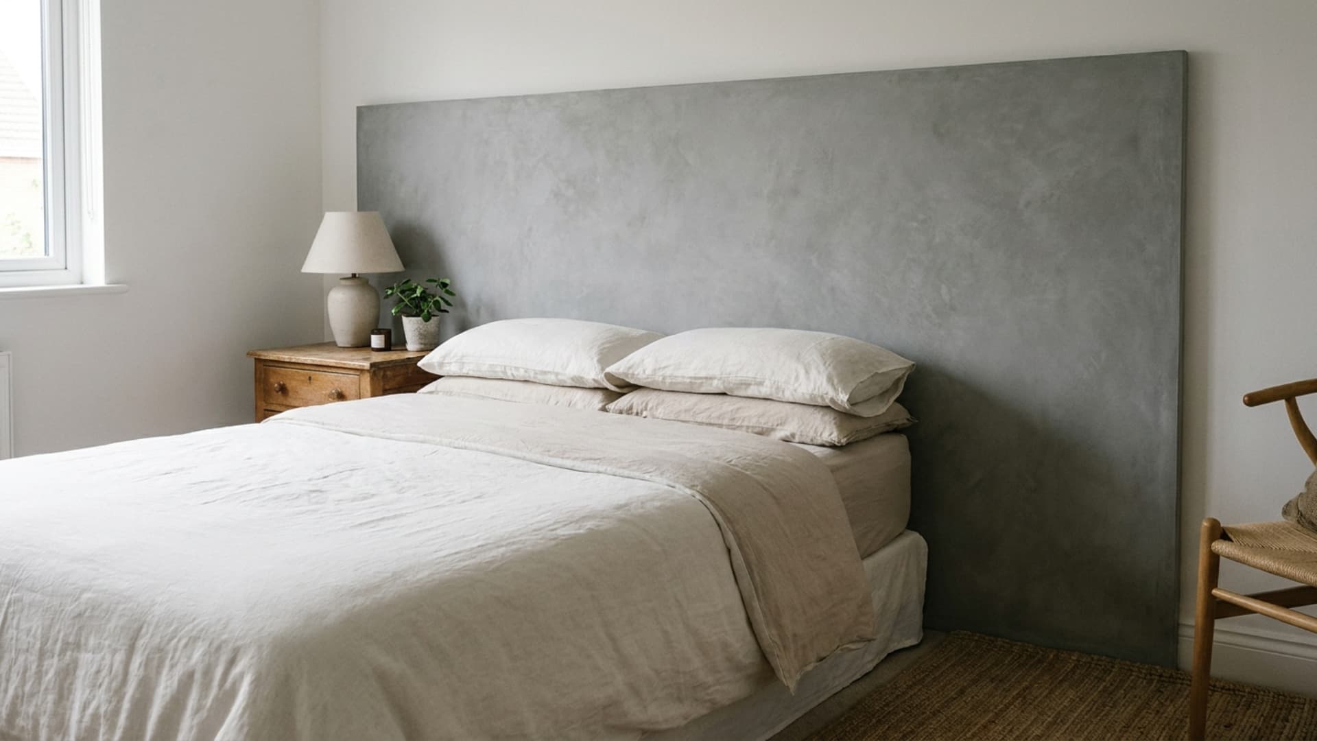 concrete look board headboard behind a modern bedroom bed