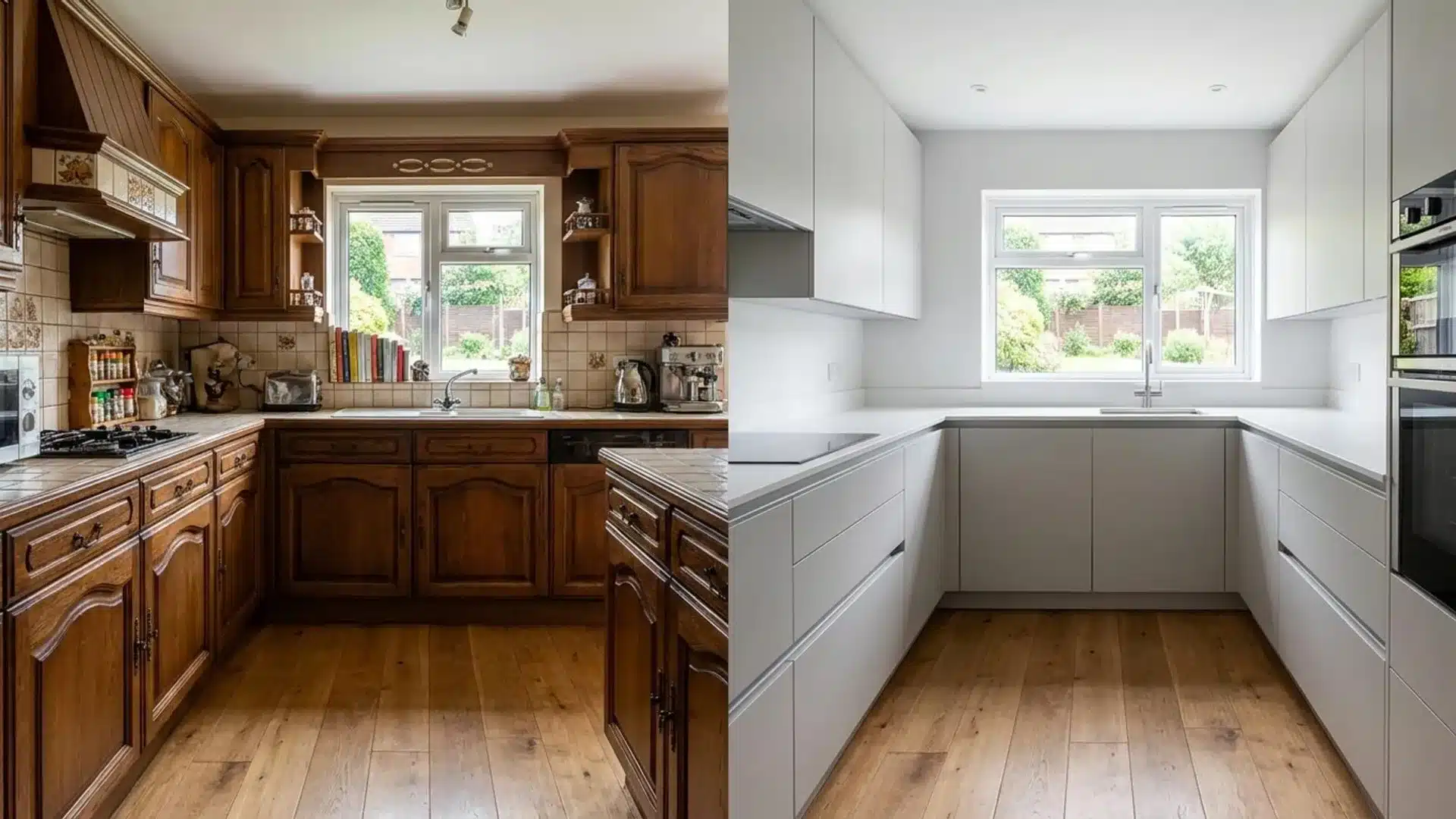before and after kitchen showing ornate carved wood cabinets replaced with sleek white minimalist cabinetry