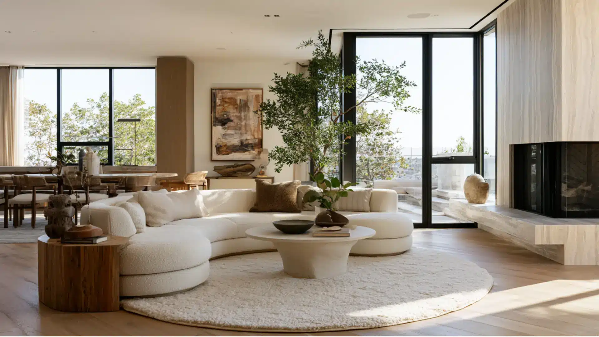 contemporary living room with curved boucle sectional round coffee table abstract art and indoor tree