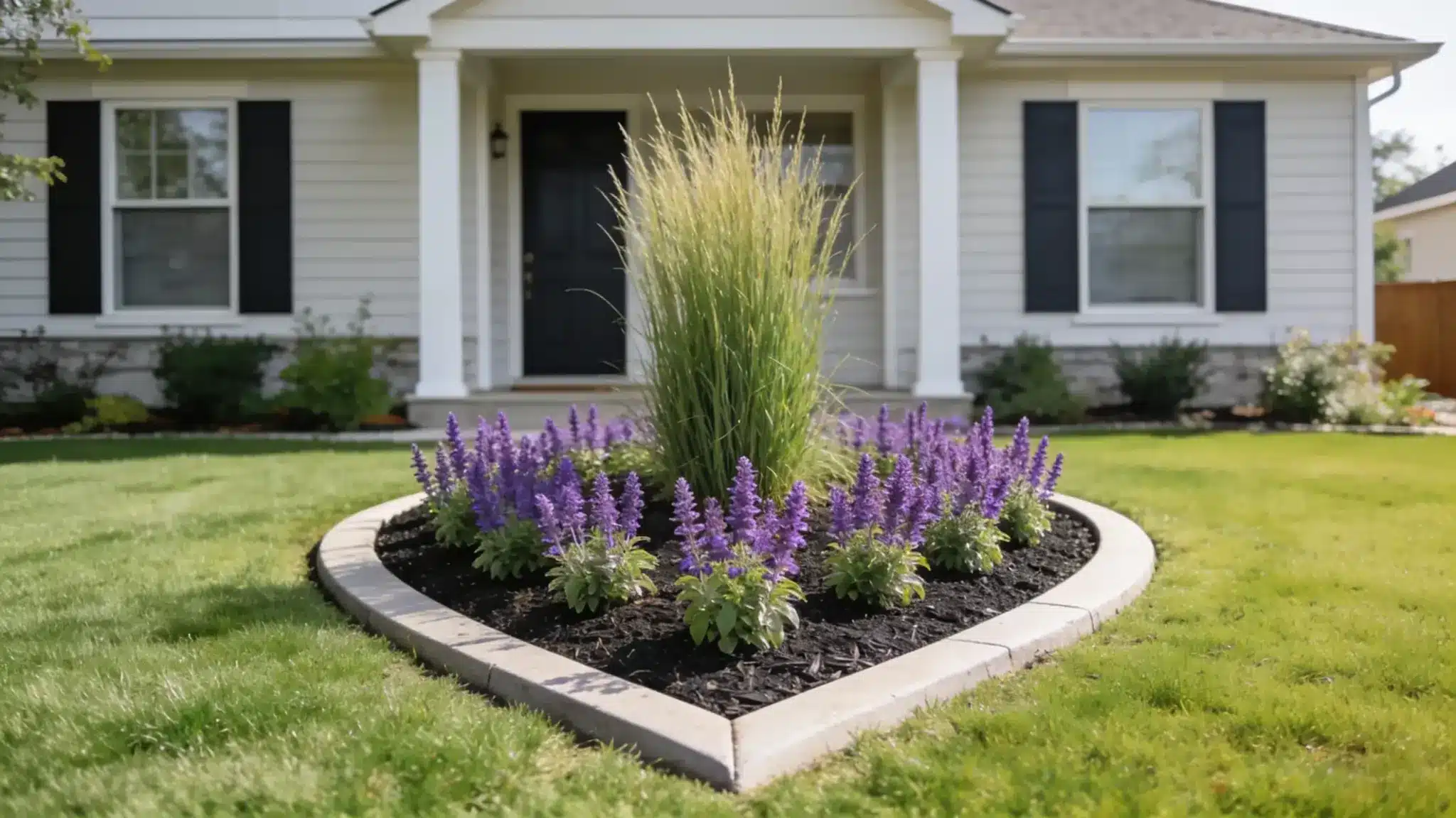 teardrop corner accent bed with ornamental grass and salvia at a home front corner