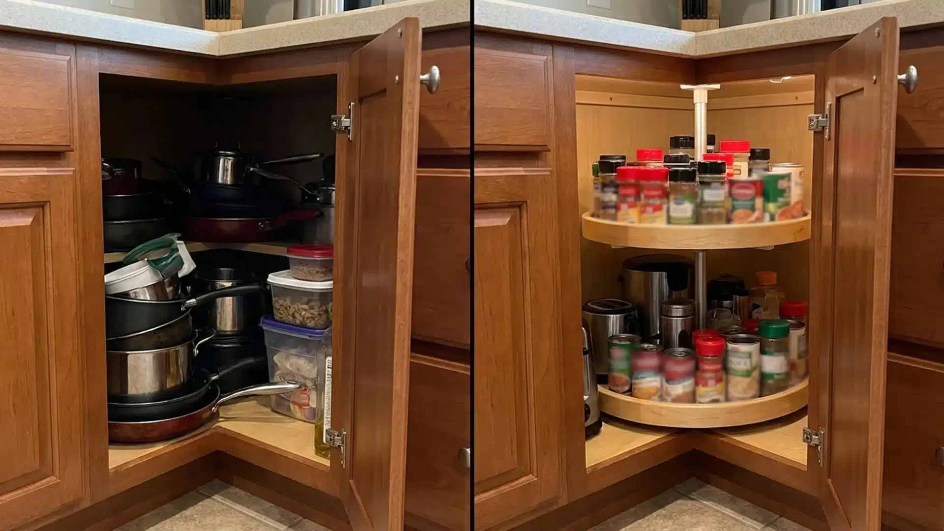 before and after corner cabinet showing cluttered pots and pans replaced with a two tier lazy susan organizer