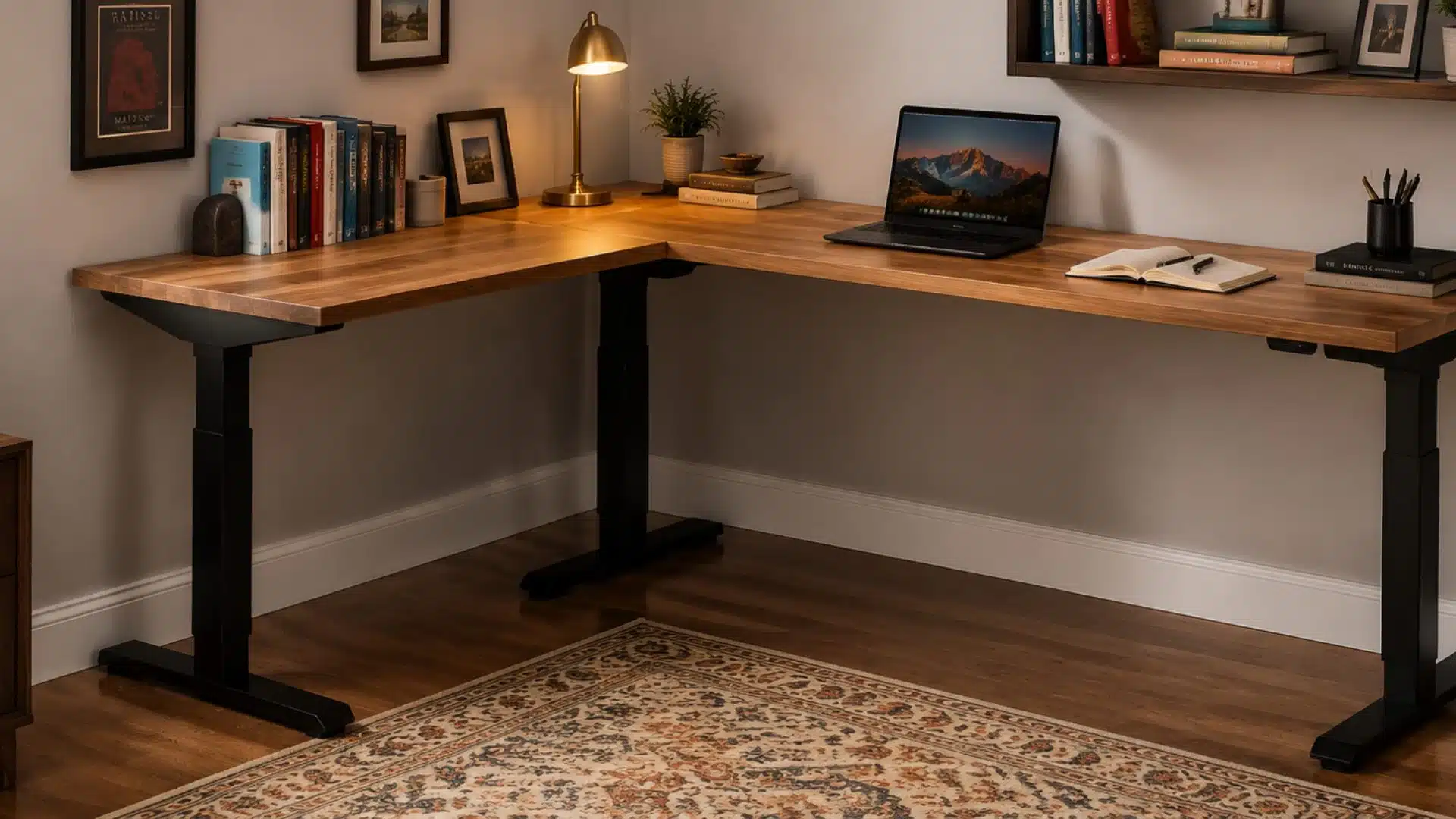 a wooden shelf displaying a computer alongside several stacked books in a cozy study environment