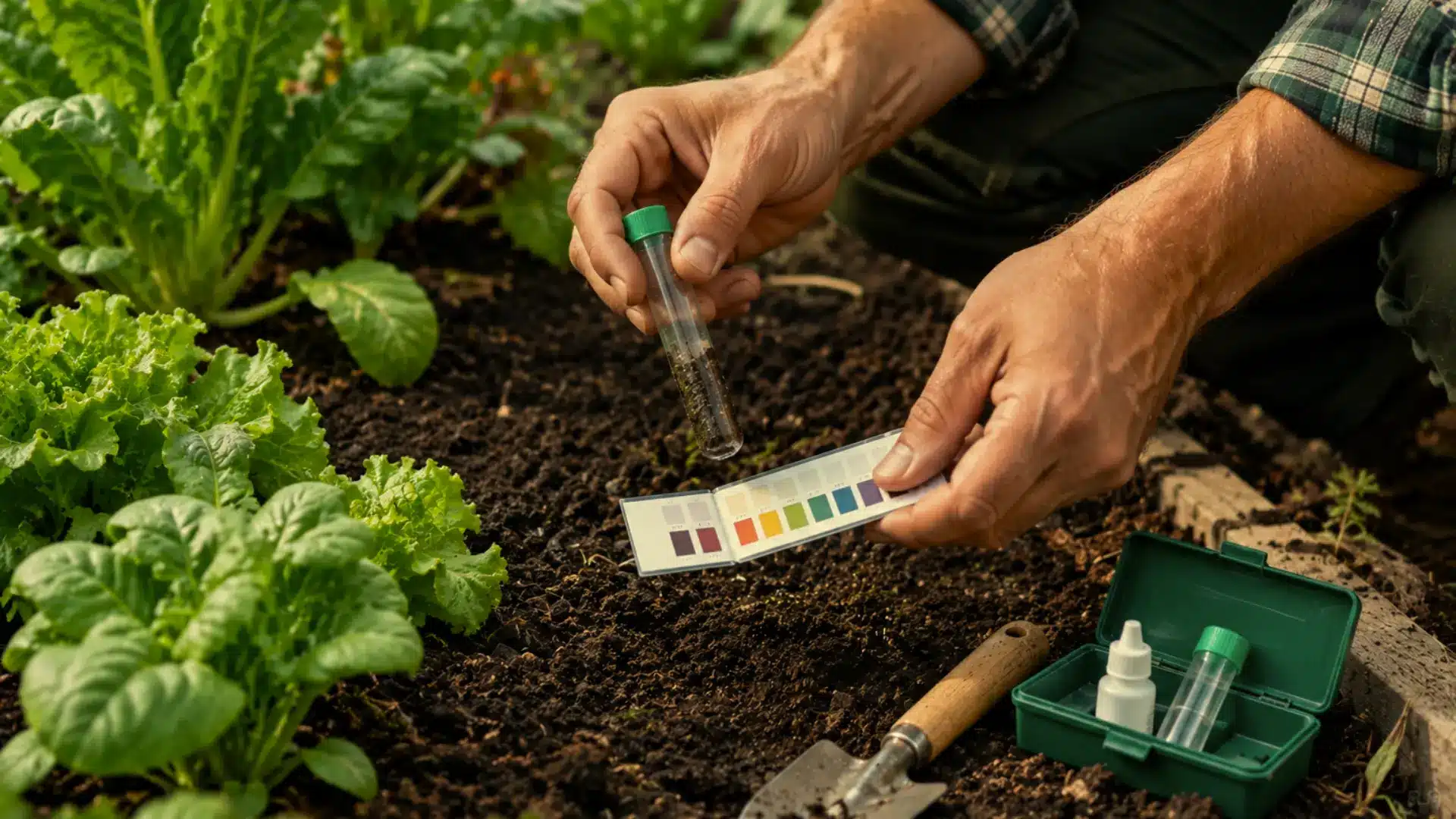 soil ph test kit with colour chart being used in a dark garden bed beside leafy green vegetable plants