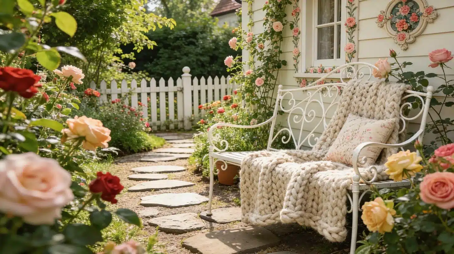 small cottage garden backyard with layered flowers stone path and a white bench