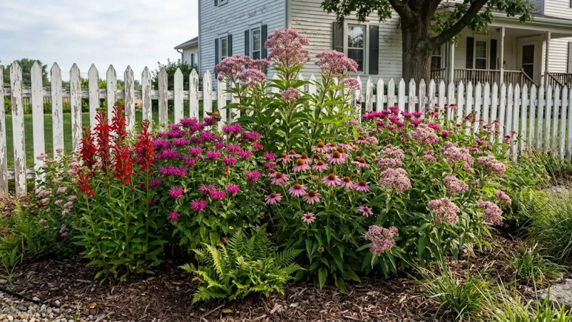 cottage-style rain garden with cardinal flower, bee balm, coneflower, and swamp milkweed in full bloom
