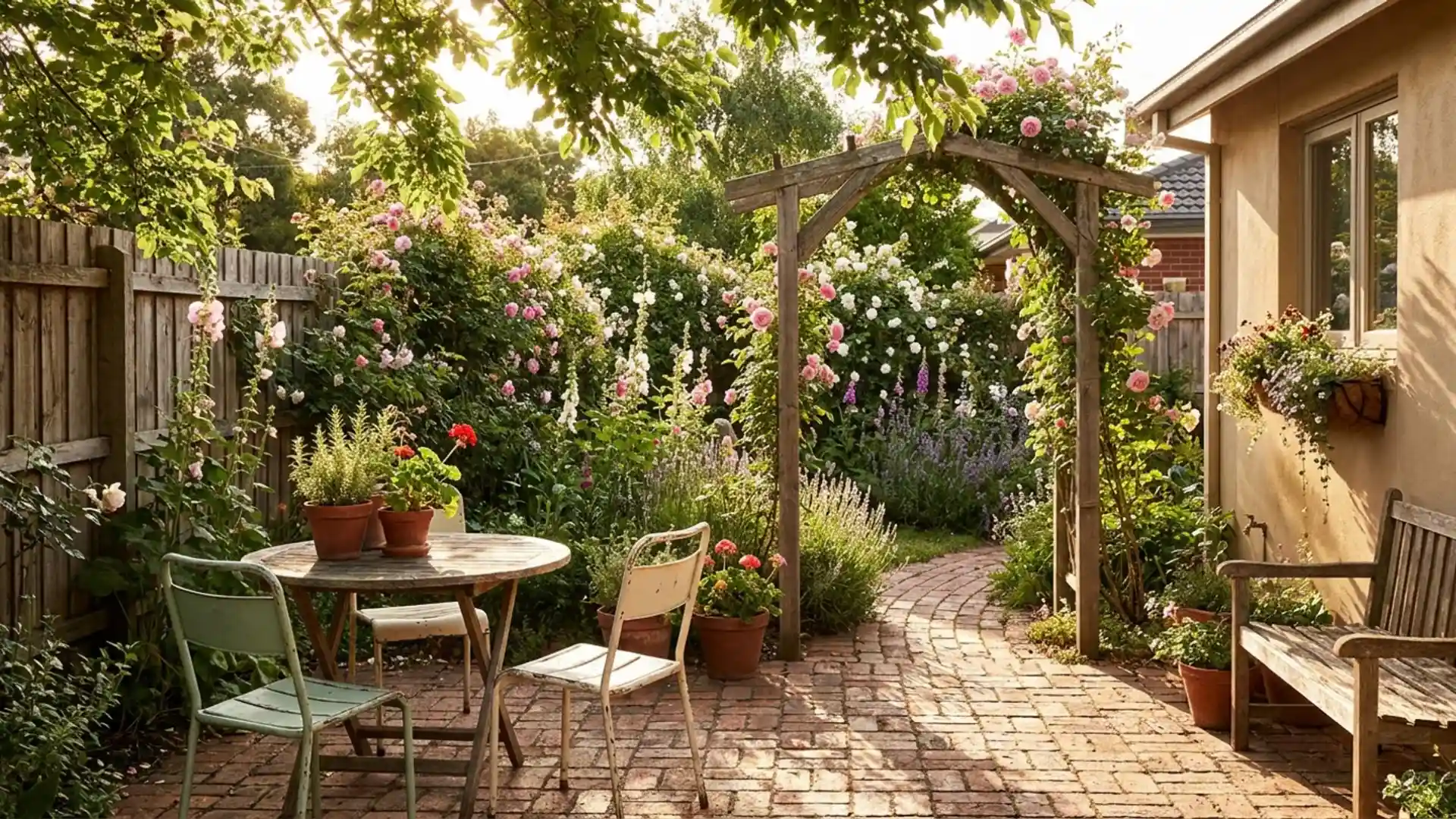 a garden featuring a table and chairs set on a brick patio surrounded by lush greenery and colorful flowers