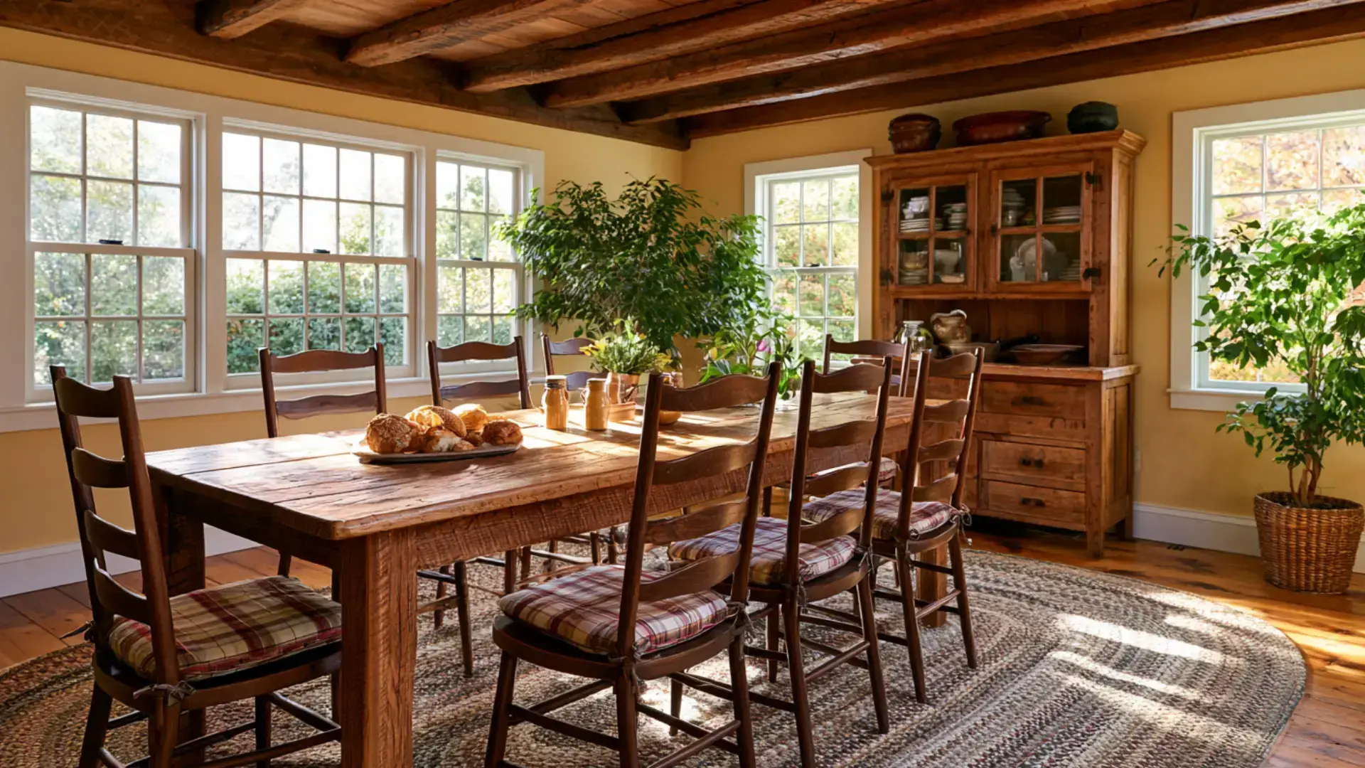 country dining room with rustic wood farm table ladder back chairs plaid cushions and pine hutch