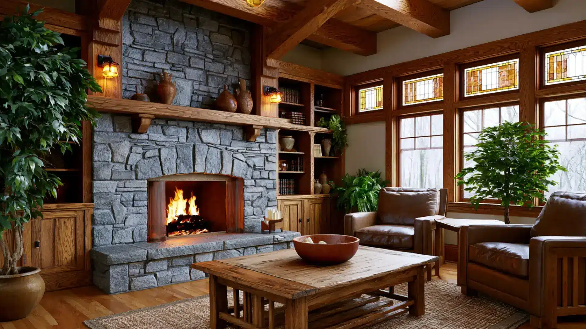 craftsman living room with stone fireplace exposed wood beams built-in shelves and leather chairs