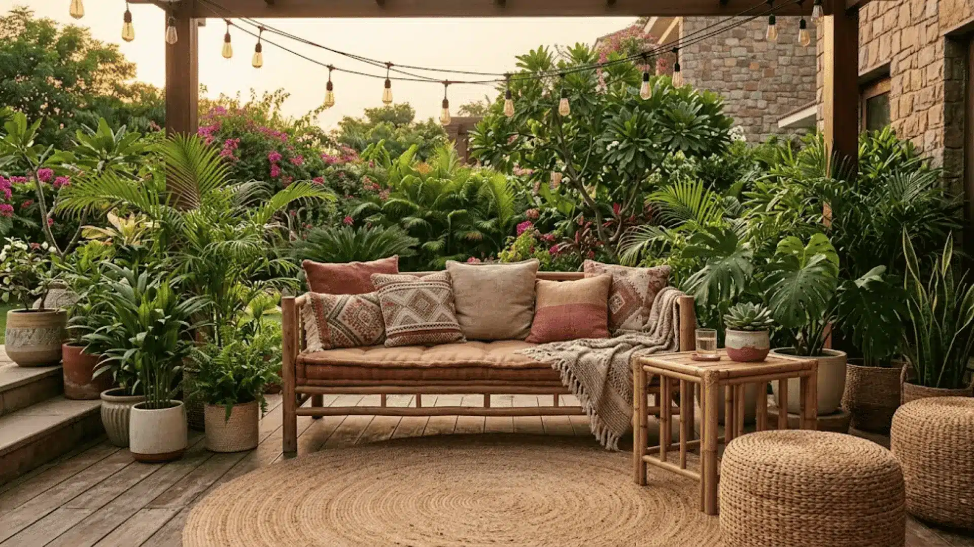low teak daybed with linen cushions, woven poufs, and potted plants on a boho outdoor patio lounge